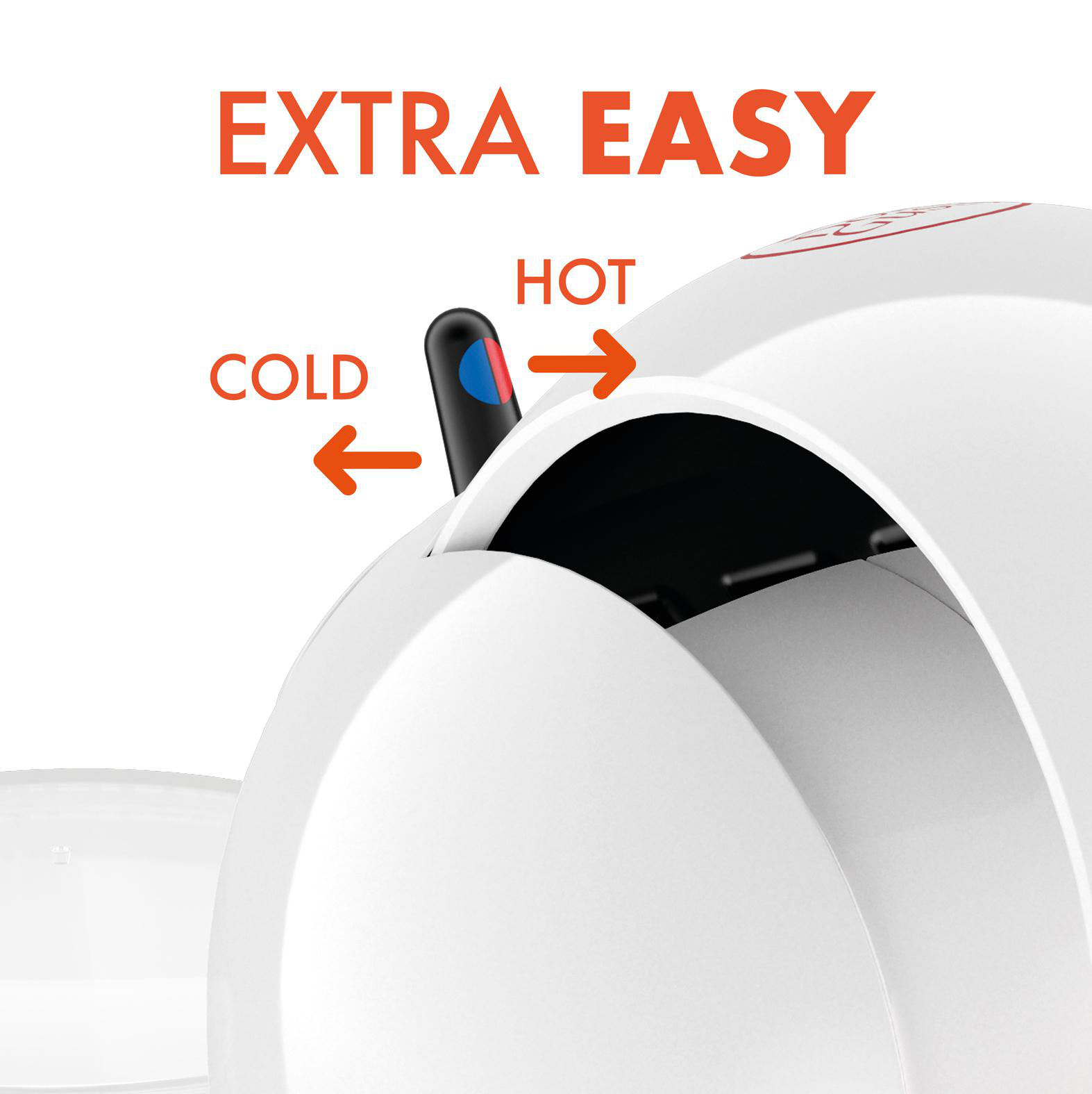 Weißes Gerät mit Text 'EXTRA EASY'. Ein Drehknopf zeigt auf 'HEISS' und 'KALT'. Der Knopf ist schwarz mit blauen und roten Akzenten.