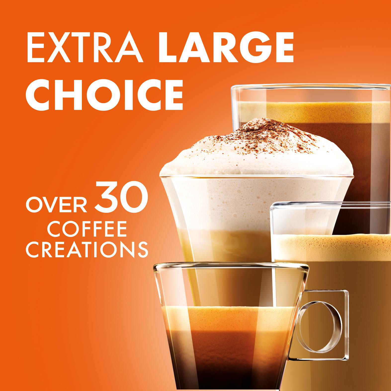Das Bild zeigt mehrere Kaffeegetränke in transparenten Gläsern vor einem orangefarbenen Hintergrund mit dem Text "Extra Large Choice".