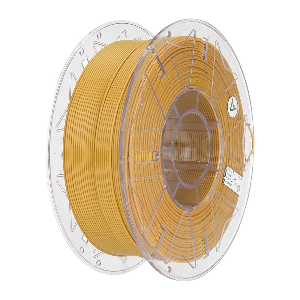 Sarı 3D yazıcı filament makarası. Makara şeffaf plastikten yapılmıştır ve bir etiket görünür. Filament sıkıca sarılmıştır.