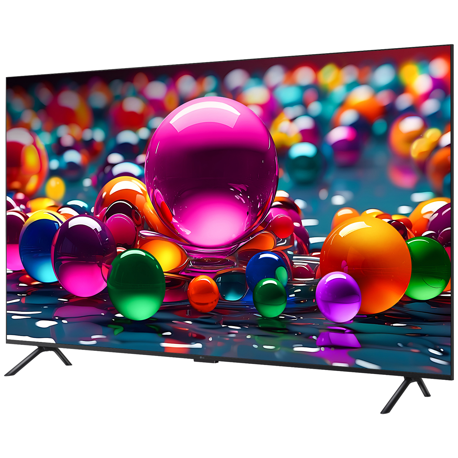 Een grote tv toont kleurrijke bollen. De bollen hebben verschillende maten en kleuren, waaronder roze, oranje, groen, blauw en paars.