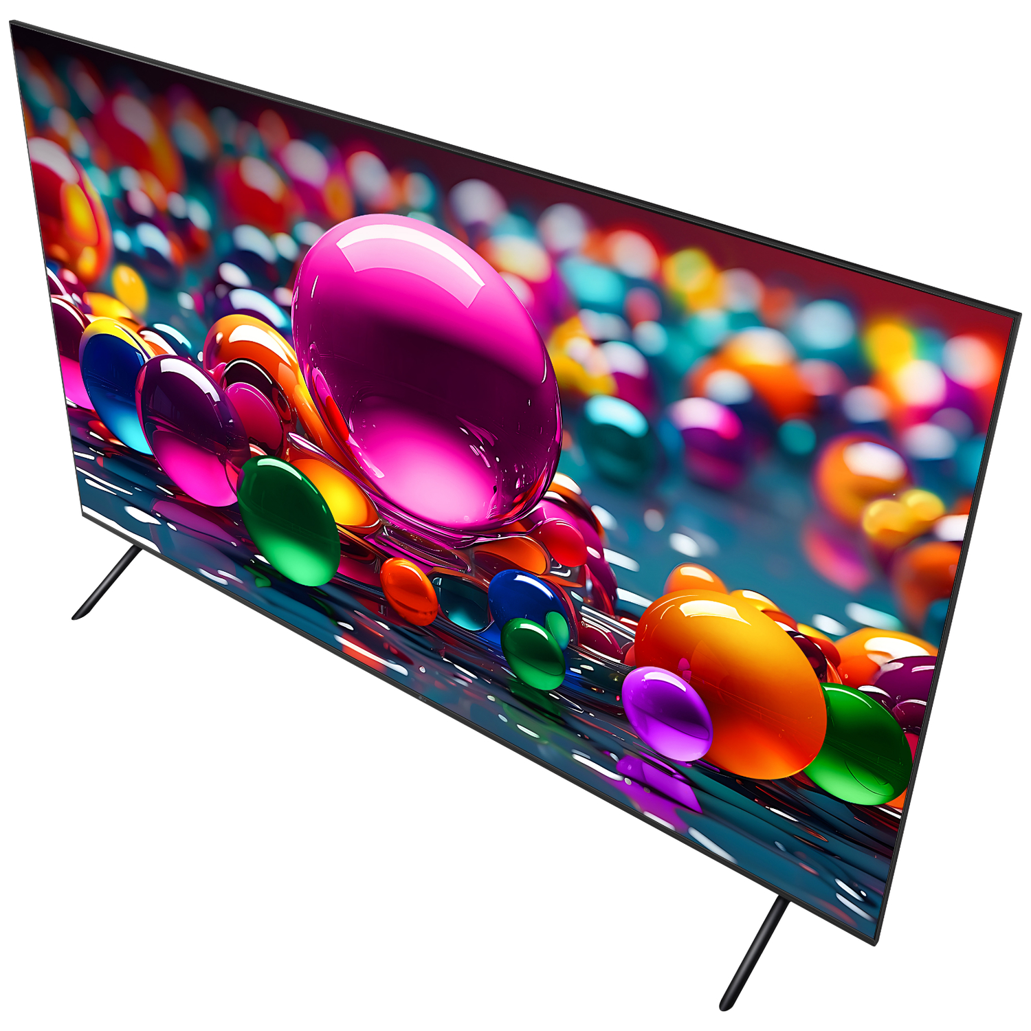 Een tv toont kleurrijke, abstracte vormen. Roze, oranje, groene en blauwe bollen zijn zichtbaar. De tv heeft zwarte poten en een zwarte rand.