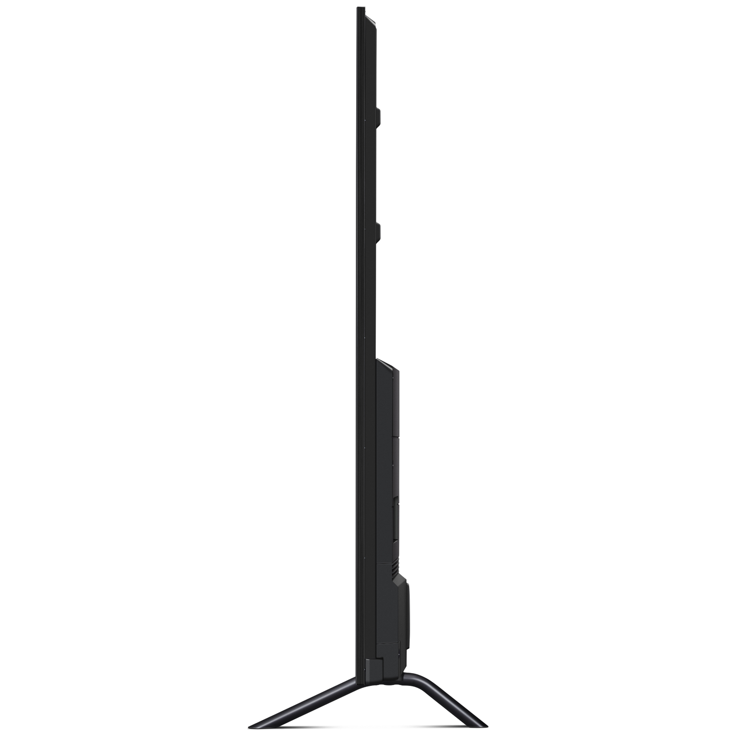 Zijaanzicht van een zwarte flatscreen-tv op een witte achtergrond. De tv heeft een standaard. Het scherm is zwart.