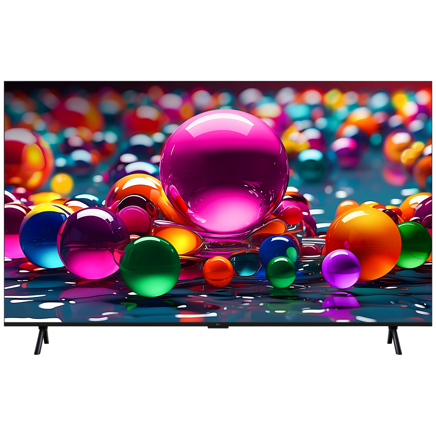 Tv-scherm toont kleurrijke bollen. Bollen zijn in diverse kleuren en reflecteren licht. Tv heeft zwarte poten en een frame.