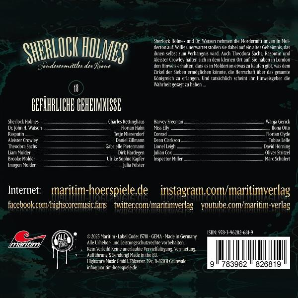 Cover eines Sherlock Holmes Hörbuchs. Titel: Gefährliche Geheimnisse. Enthält Namen der Charaktere und einen Barcode.
