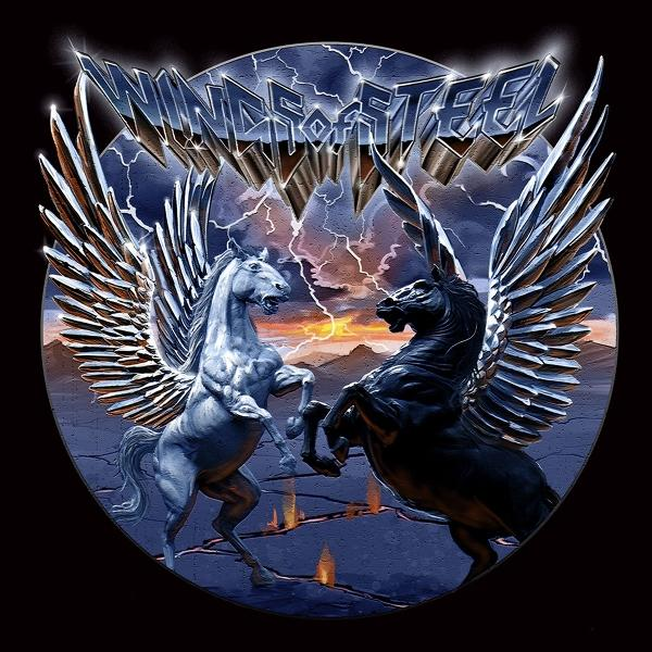 Zwei geflügelte Pferde, die sich gegenseitig aufbäumen, vor einem stürmischen Himmel mit dem Schriftzug 'Winds of Steel'.