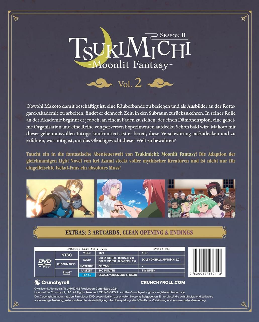DVD-Cover für Tsukimichi: Moonlit Fantasy Vol. 2. Zeigt Anime-Charaktere und Text auf Englisch und Japanisch, plus Crunchyroll-Logo.