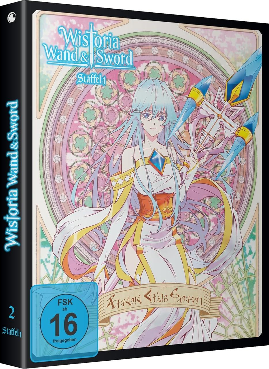 Anime-DVD-Box. Weibliche Figur mit blauen Haaren und einem Schwert. Hintergrund mit Buntglasdesign. Text: Wistoria Wand & Sword.