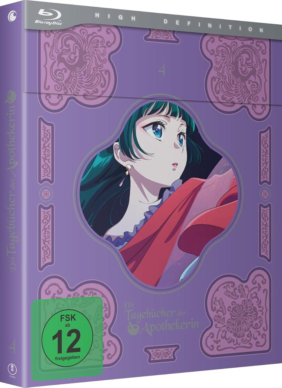 Blu-ray-Box-Art. Anime-Mädchen mit blauen Augen und grünen Haaren. Lila Box mit dekorativen floralen Elementen. FSK 12-Aufkleber.