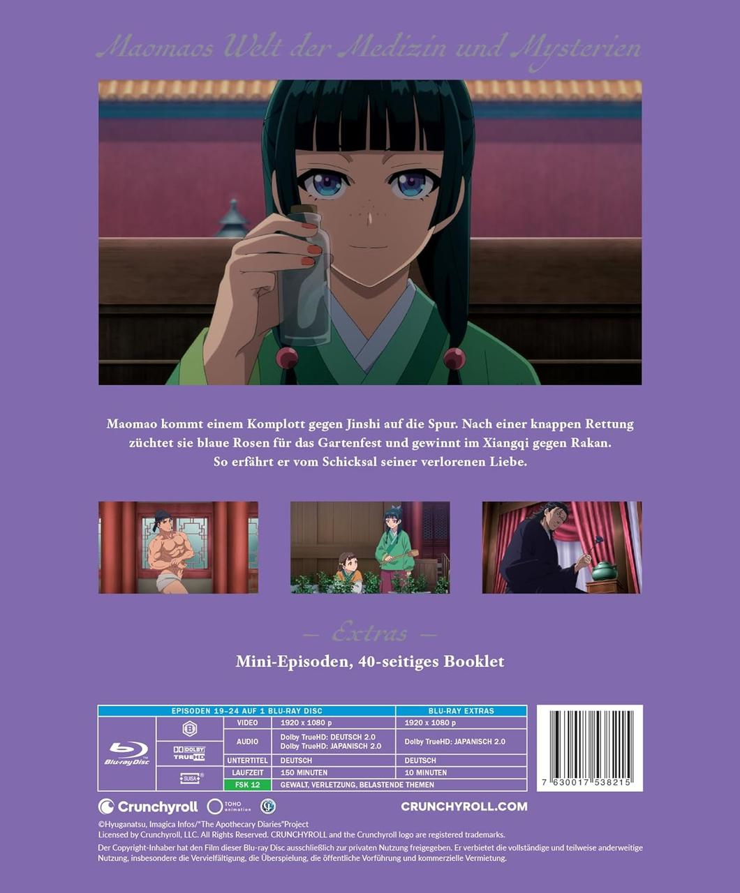Anime-Cover. Eine Frau in einem grünen Kleid hält eine Flasche. Text oben: Maomaos Welt der Medizin und Mysterien.
