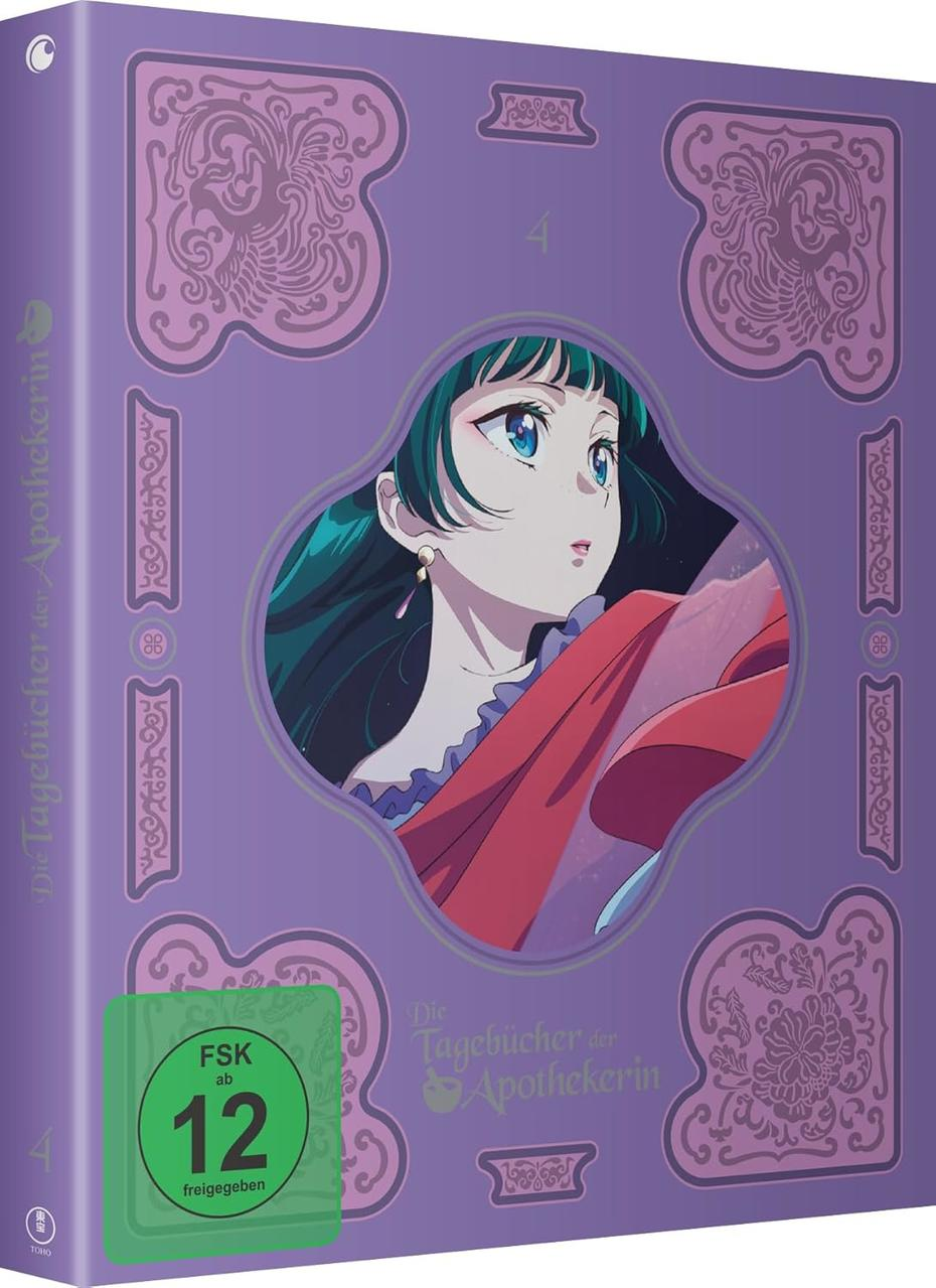 Anime-DVD-Cover mit einem Mädchen mit tealfarbenem Haar und blauen Augen. Lila Rahmen, roter Umhang und der Titel 'Die Tagebücher der Apothekerin'.