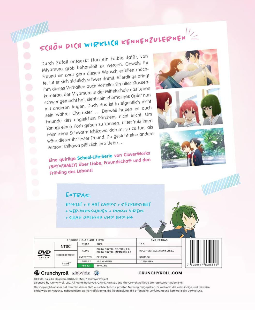DVD-Cover: Anime-Charaktere, Text in mehreren Sprachen. Enthält Extras wie Booklet und Art Cards. Crunchyroll-Logo.