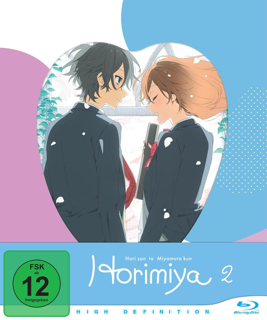 Anime-Cover mit zwei Charakteren in Schuluniformen. Der Titel lautet 'Horimiya 2'. Ein Bewertungssymbol und Blu-ray Disc-Logo sind sichtbar.