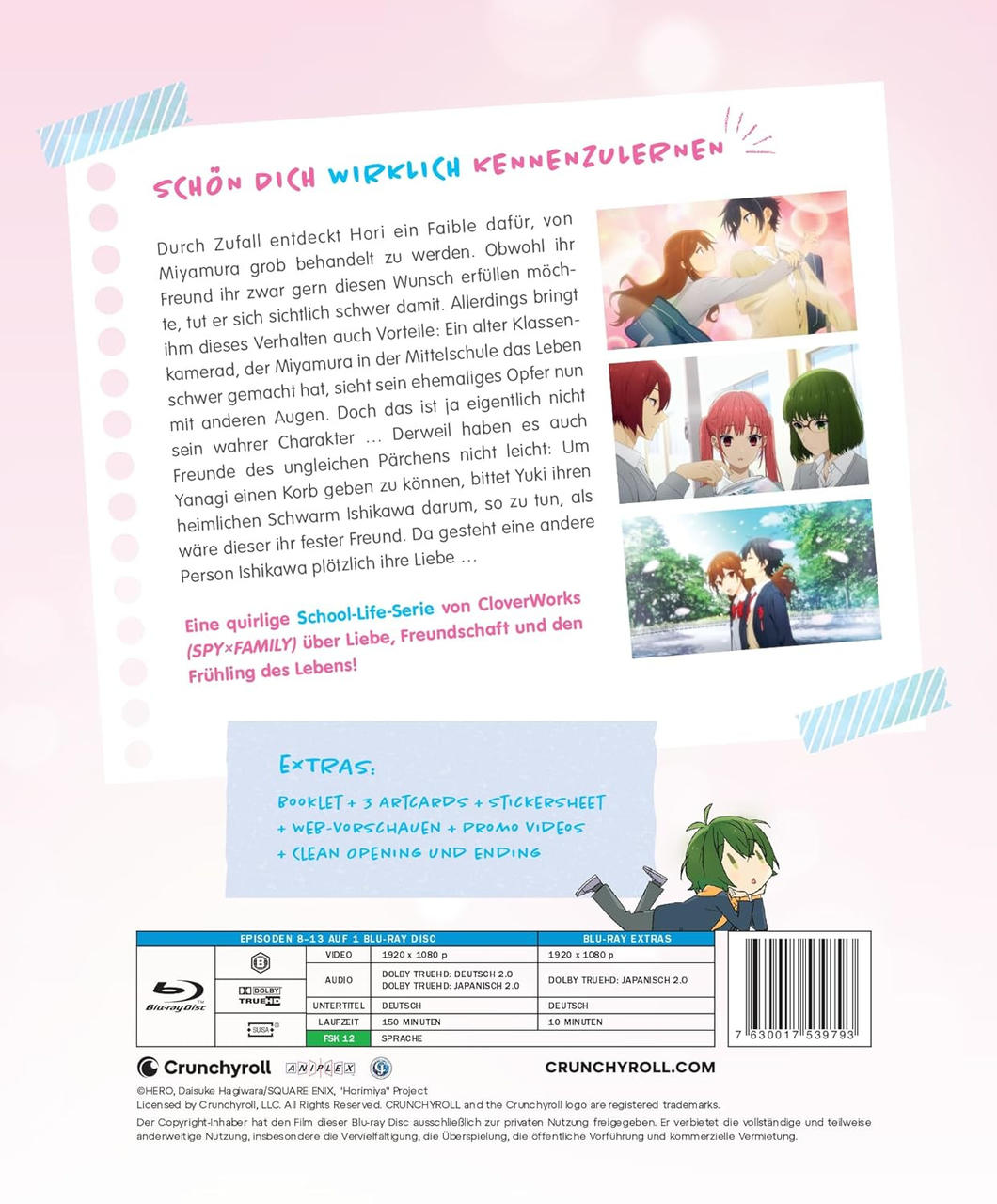 Anime Blu-ray-Cover mit Charakteren und Text auf Deutsch. Enthält Extras wie Artcards und Promo-Videos.