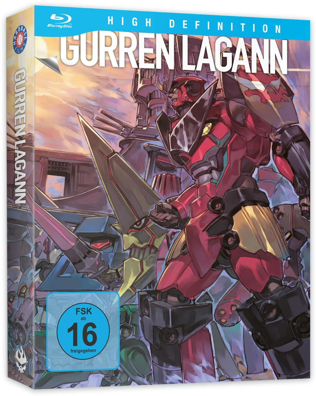Blu-ray-Box-Art für Gurren Lagann. Zeigt Mechs in Rot, Blau und Grün mit großen Schwertern. High Definition-Label oben.