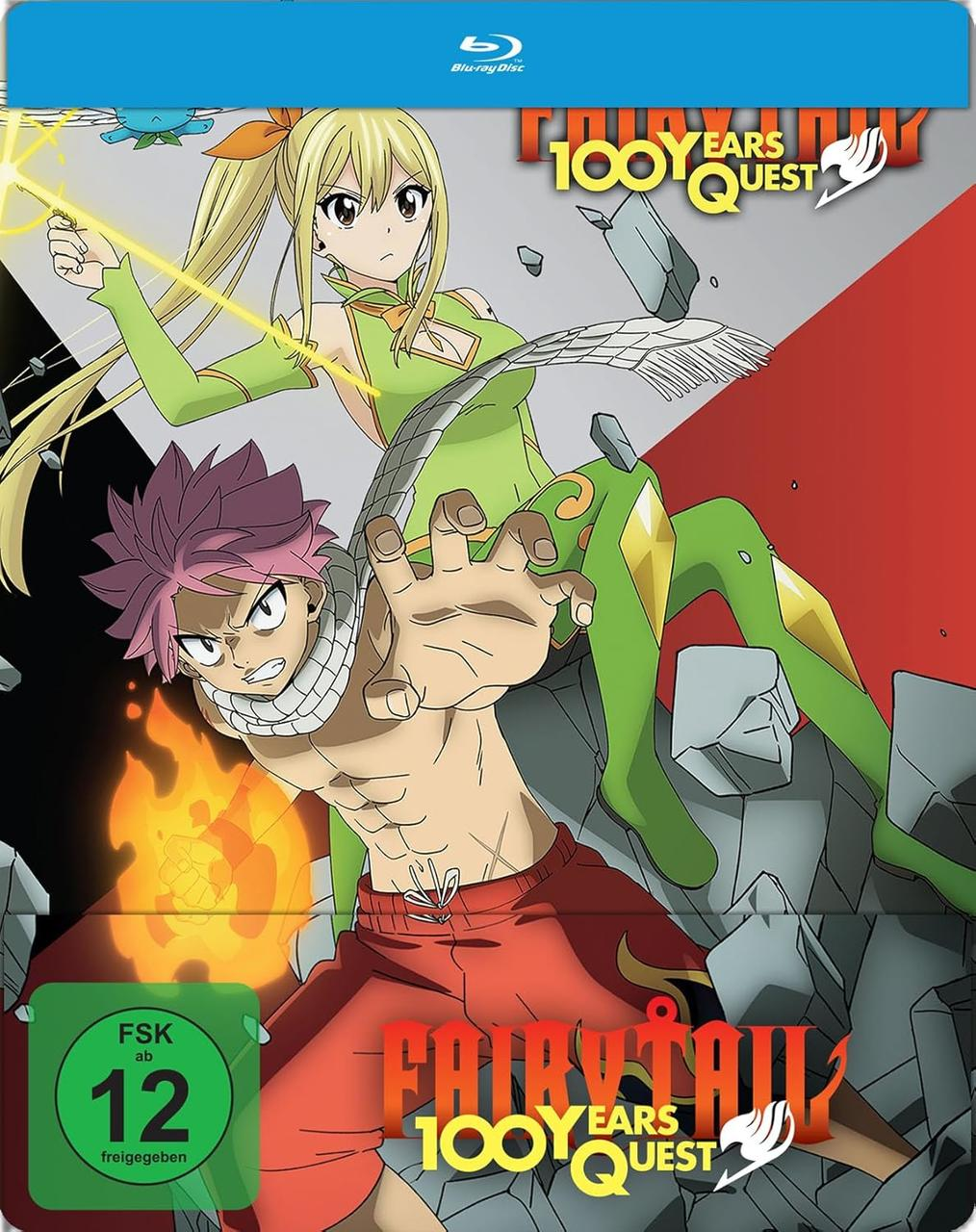 Anime-Cover: Zwei Charaktere, einer mit rosa Haaren, einer blond. Titel: Fairy Tail 100 Years Quest. Eine Blu-ray-Disc wird gezeigt.