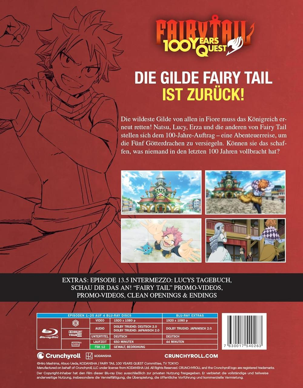 Cover-Artwork für Fairy Tail 100 Years Quest Blu-ray. Zeigt Natsu, Lucy, Erza und andere, mit Text auf Deutsch.
