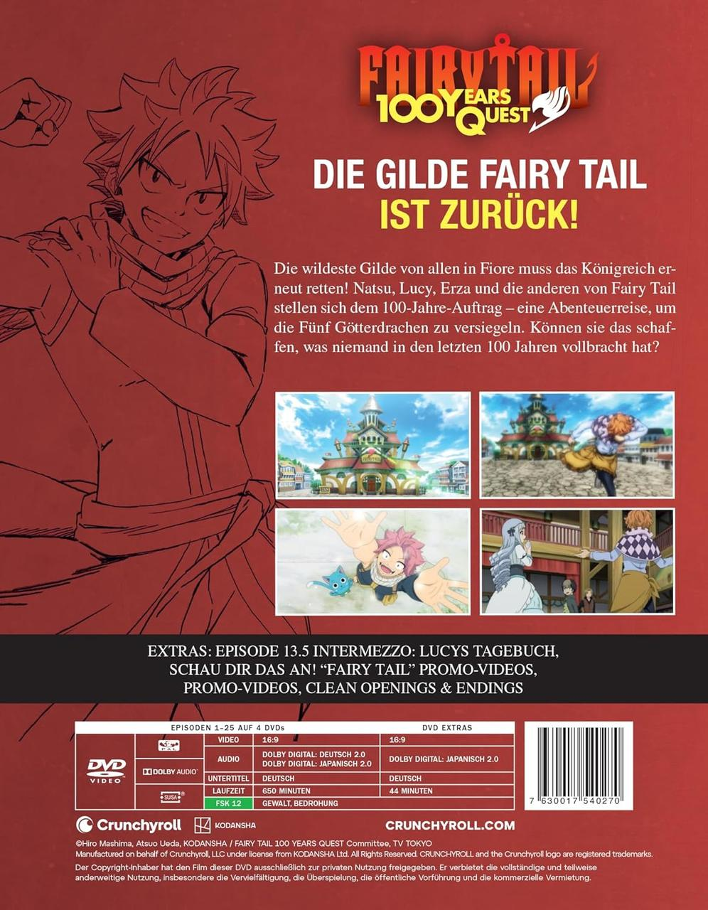 Anime-DVD-Cover. Ein Charakter mit stacheligen Haaren und entschlossenem Gesichtsausdruck. Text auf Deutsch: Fairy Tail, Die Gilde ist zurück.