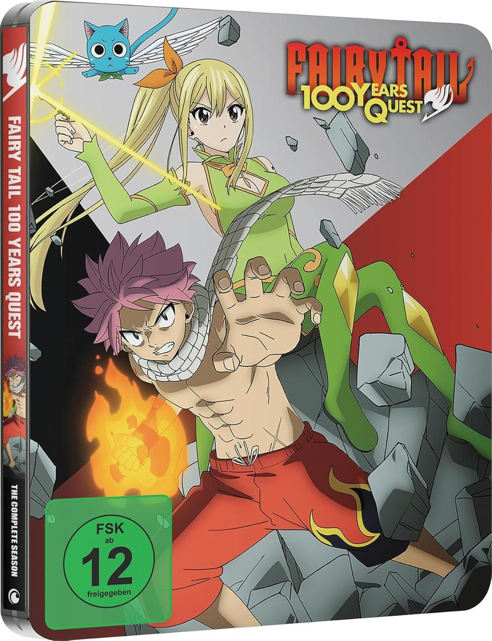 Anime-Cover: Charaktere aus Fairy Tail, Natsu und Lucy, mit dem Text 'Fairy Tail 100 Years Quest'. Ein Bewertungsschild ist sichtbar.