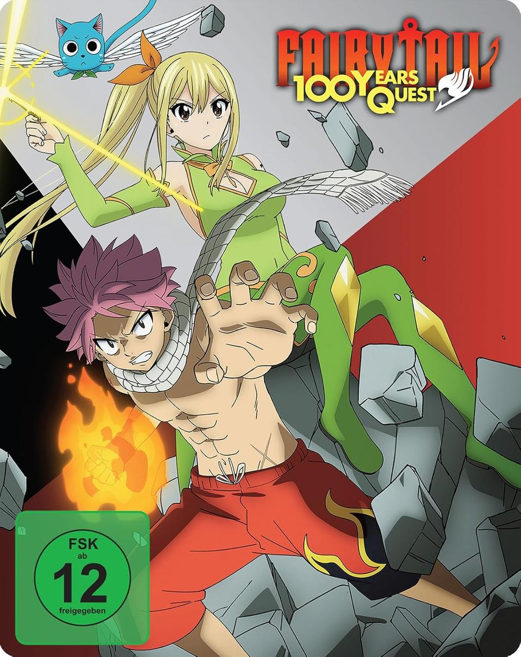 Anime-Cover. Zwei Frauen und ein Mann in Actionposen. Titel: Fairy Tail 100 Years Quest. Altersfreigabe unten links.