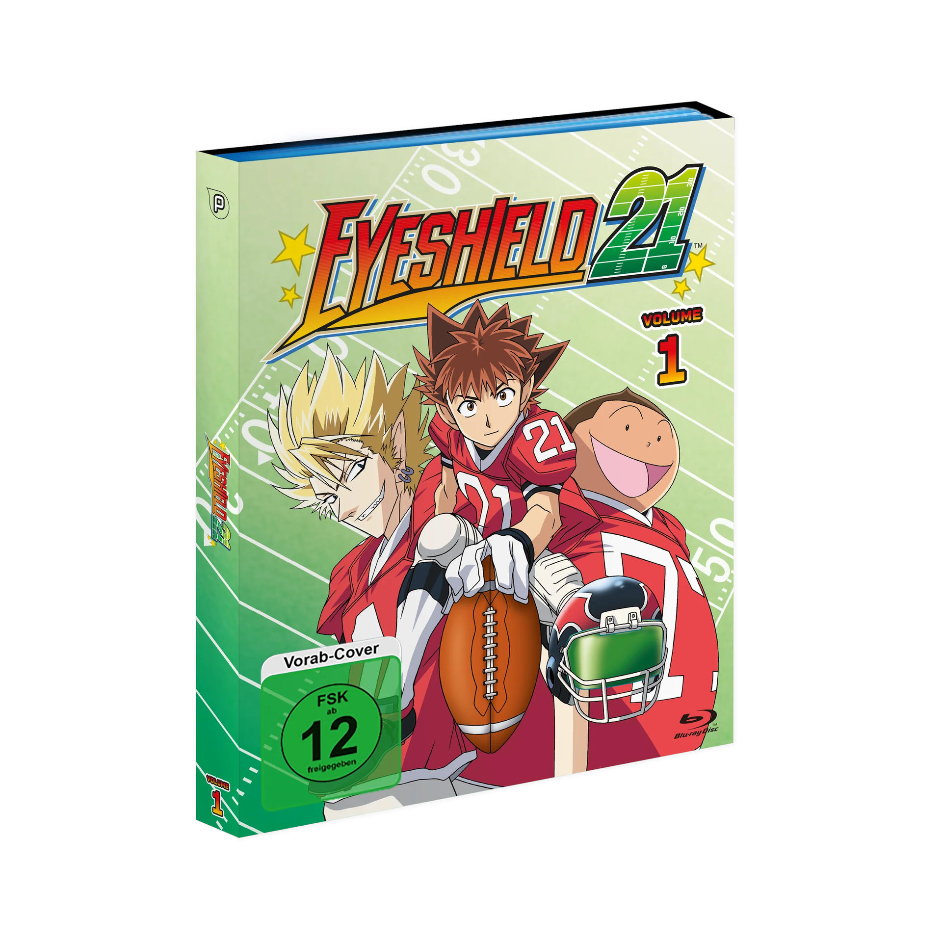 Anime-DVD-Cover mit drei Charakteren in Football-Uniformen. Der Titel lautet Eyeshield 21. Band 1 wird angezeigt. Grün-weißer Hintergrund.