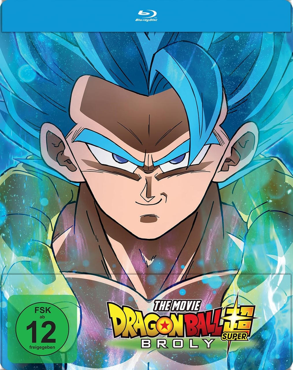 Blu-ray-Cover von Dragon Ball Super: Broly. Hauptfigur mit blauen Haaren. Titel unten. Bewertungskreis links.