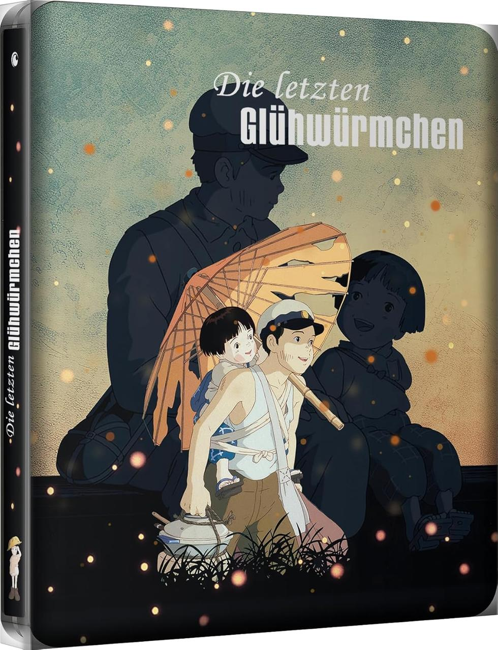 Animiertes Cover-Art. Ein Mann trägt ein Kind und hält einen Schirm. Zwei andere Kinder sitzen in der Nähe. Titel: Die letzten Glühwürmchen.