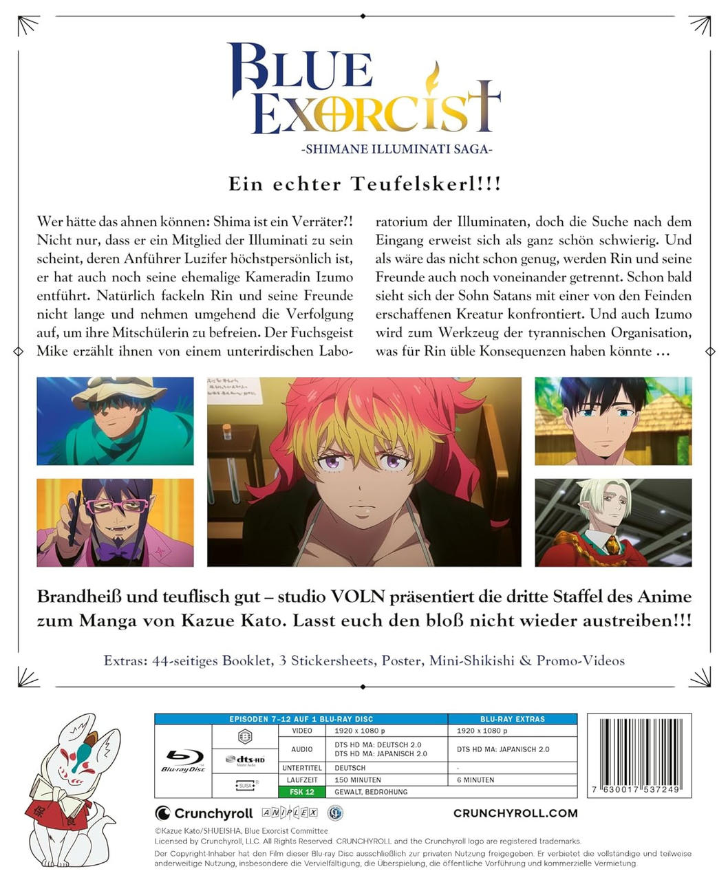 Blu-ray-Cover für Blue Exorcist. Charaktere stehen im Mittelpunkt. Text und Logos befinden sich oben und unten.