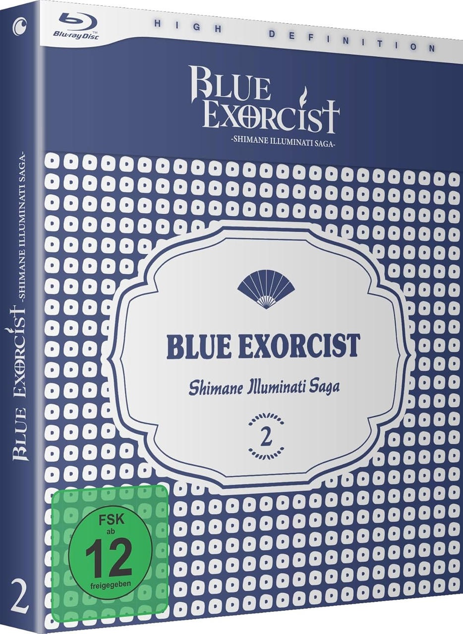 Eine Blu-ray-Disc-Box von 'Blue Exorcist'. Enthält den Titel 'Shimane Illuminati Saga' und die Nummer '2'. Enthält einen grünen Altersfreigabekreis.