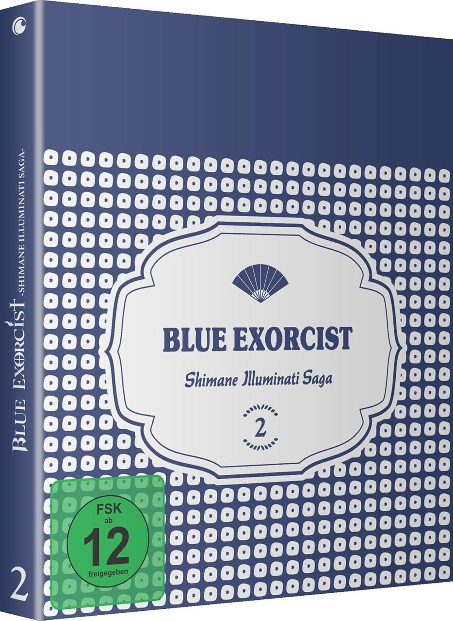 Blue Exorcist DVD-Hülle. Sie ist blau mit einem weißen Etikett in der Mitte. Das Etikett hat den Titel und eine Fächergrafik.