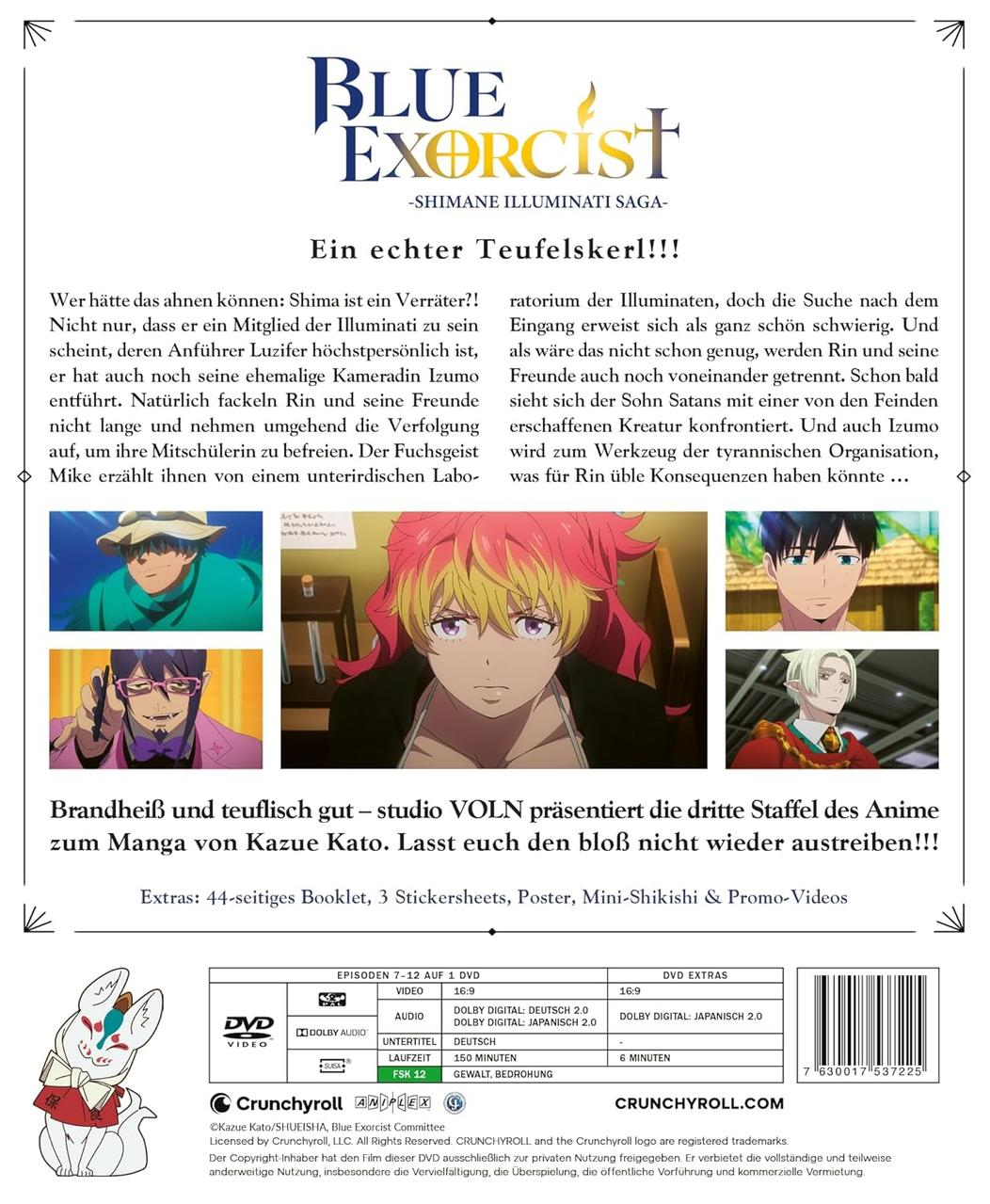 DVD-Cover für Blue Exorcist. Enthält Charaktere, Text und Logos. Der Hintergrund ist überwiegend weiß.