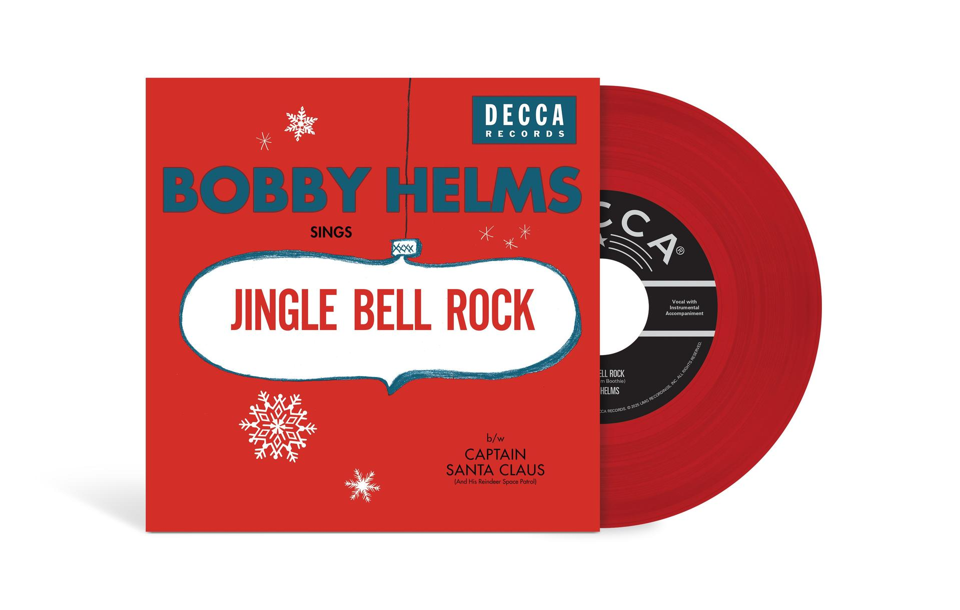 Albumcover für Bobby Helms' "Jingle Bell Rock". Roter Hintergrund, weißer Text. Eine rote Schallplatte befindet sich rechts.