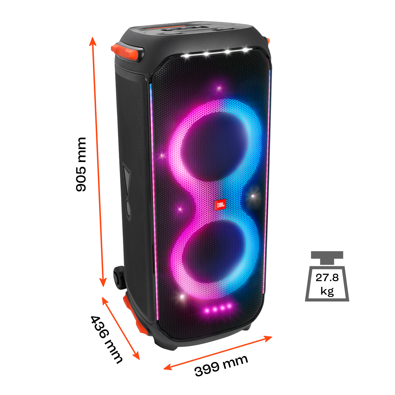 Un haut-parleur JBL noir avec des lumières roses et bleues brillantes. Dimensions : 905 mm de haut, 436 mm de large, 399 mm de profondeur. Pèse 27,8 kg.