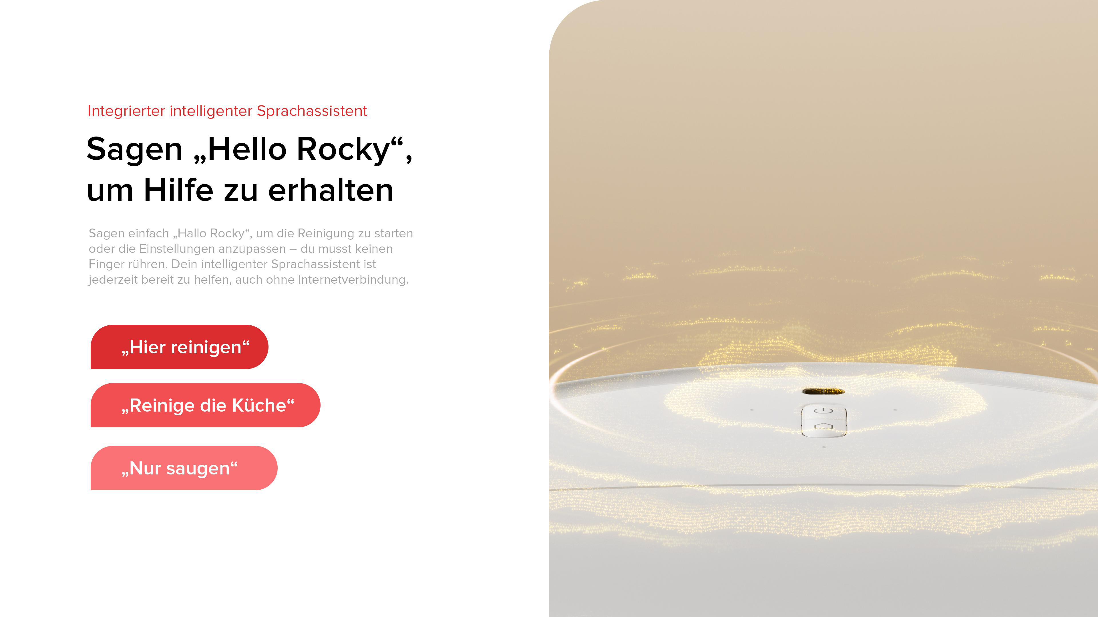 Das Bild zeigt Text über einen Sprachassistenten, einen Roboterstaubsauger, mit Tasten zum Reinigen, Reinigen der Küche und nur Saugen.