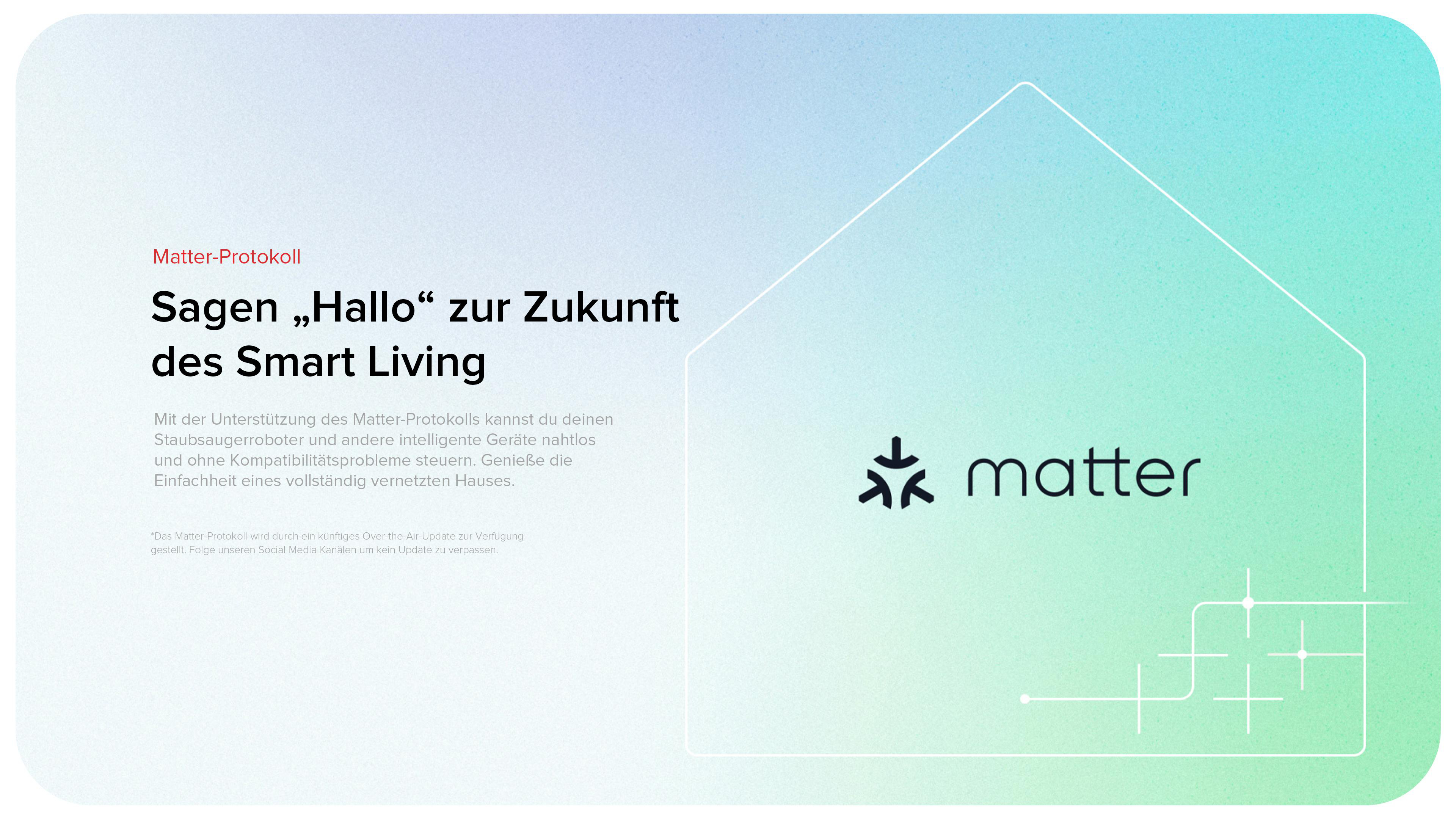 Text mit 'Matter'-Logo und Slogan 'Hallo zur Zukunft des Smart Living' auf grünem Farbverlaufhintergrund.