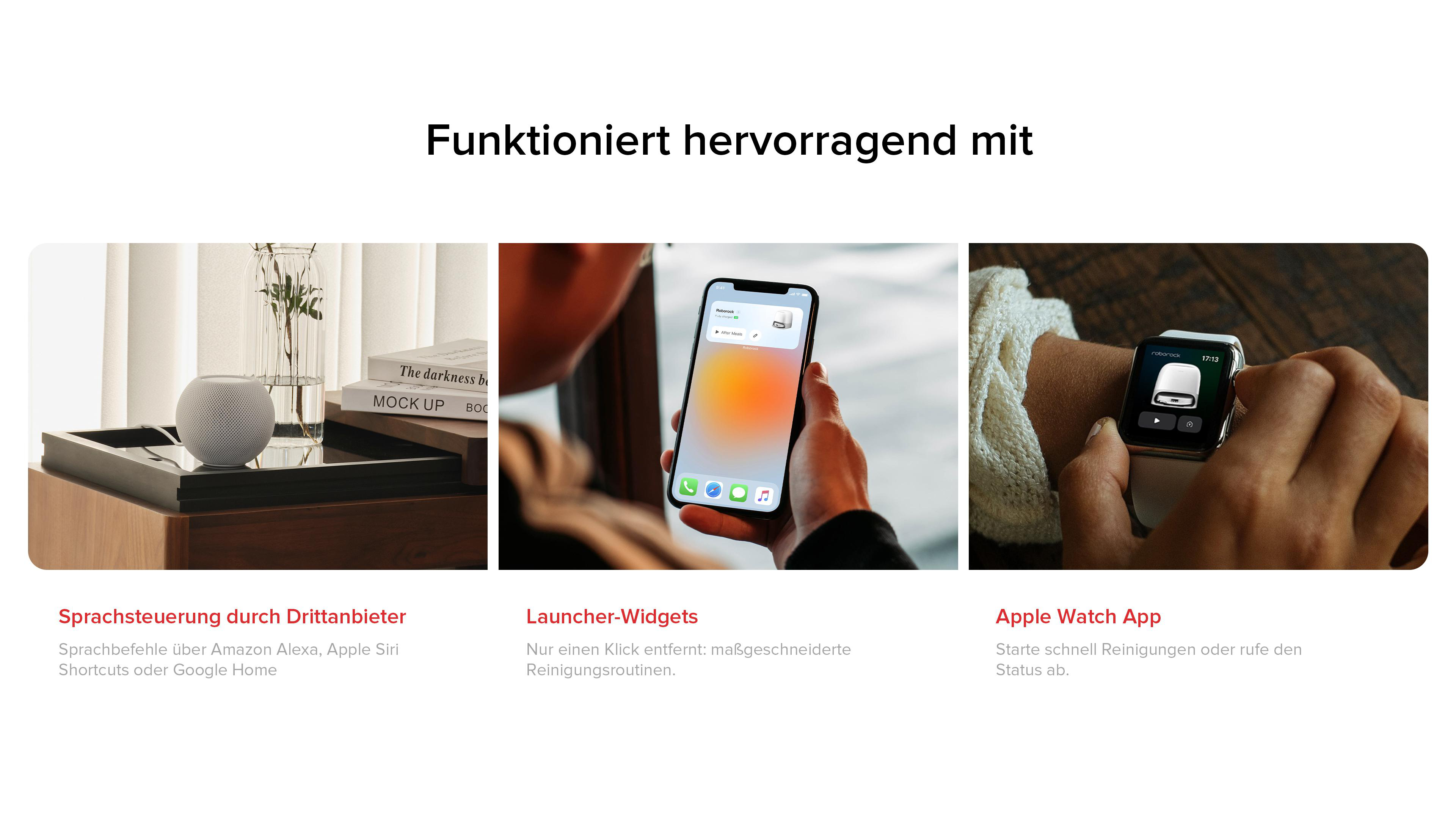 Das Bild zeigt drei App-Integrationen: einen Smart-Lautsprecher, ein Telefon mit einer Reinigungs-App und eine Smartwatch.