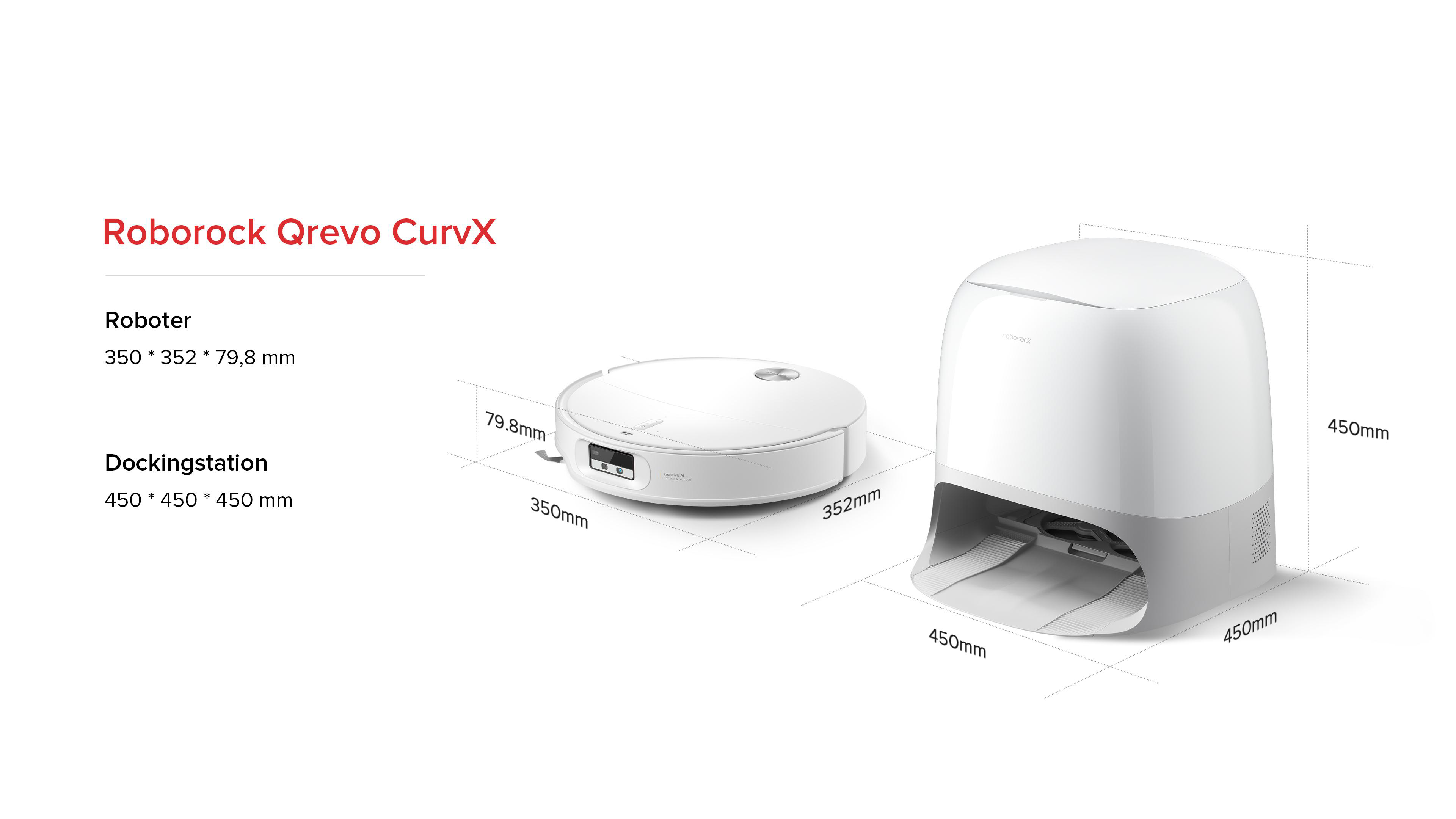 Roborock Qrevo CurvX Roboter-Staubsauger und Dockingstation, weiß, mit Abmessungen. Der Roboter ist rund.
