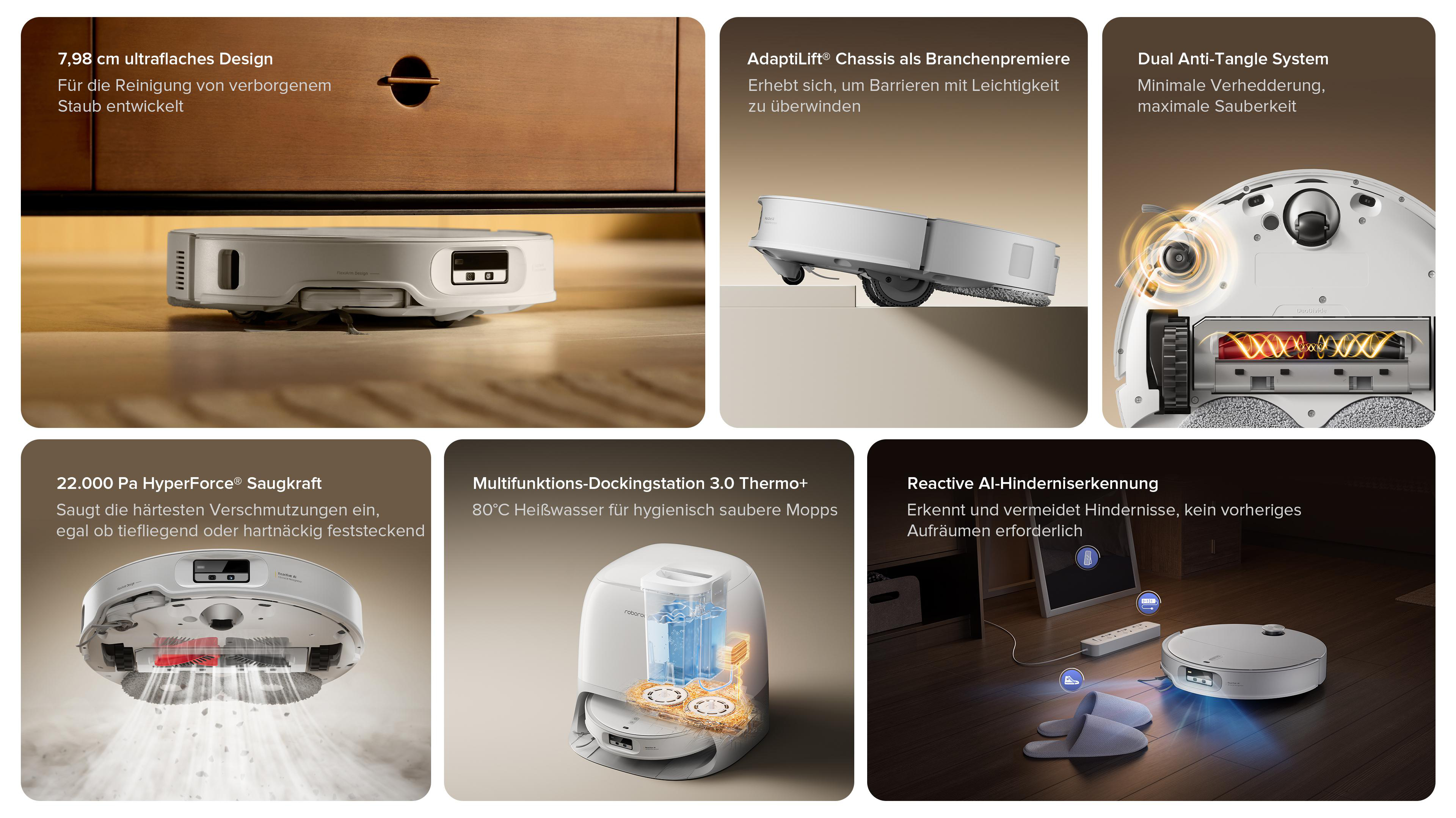 Ein weißer Roboter-Staubsauger mit einem braunen Holzschrank im Hintergrund.