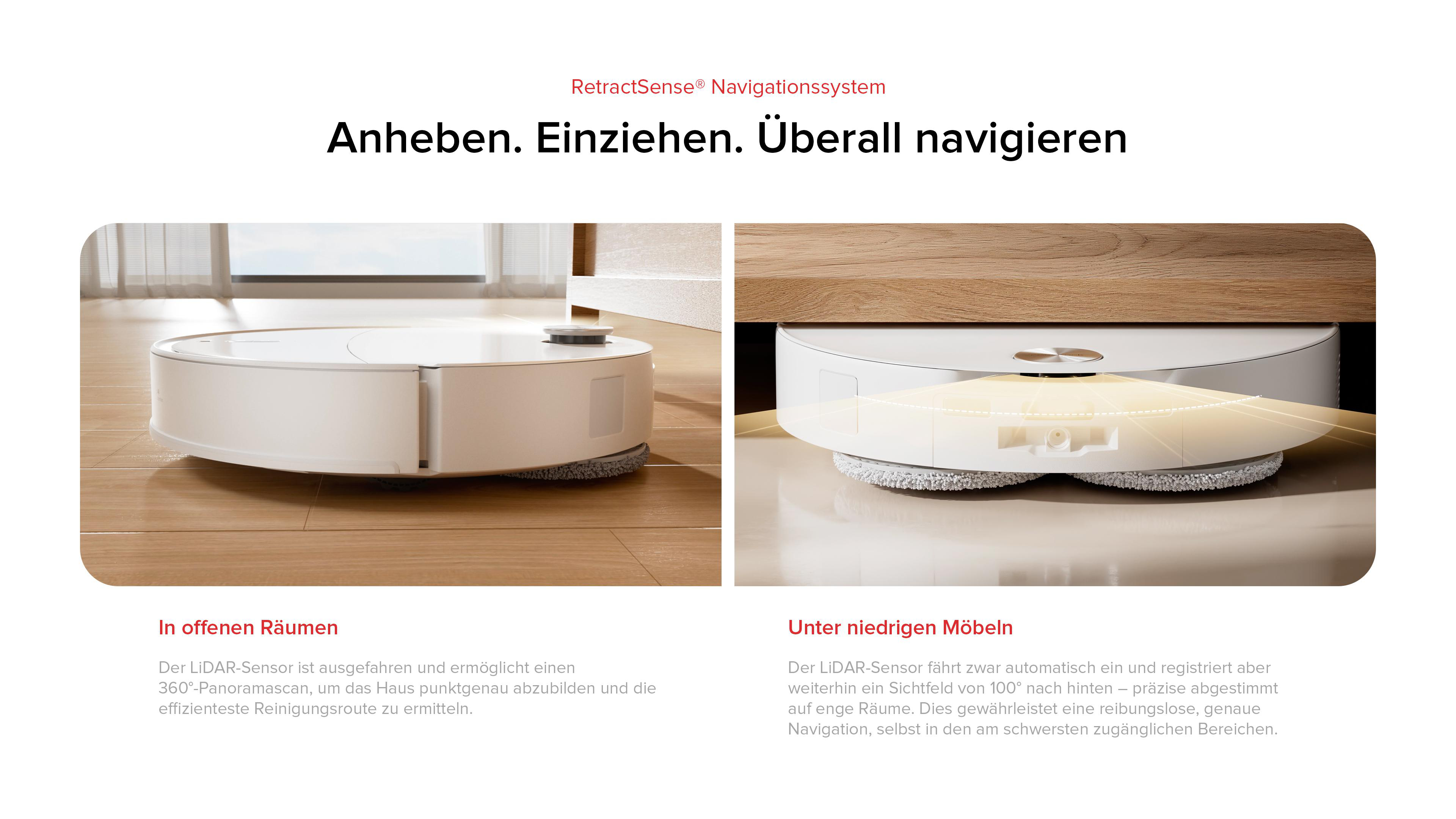 Ein weißer Roboter-Staubsauger wird im Einsatz gezeigt. Er verfügt über eine 360-Grad-Panorama-Scan-Funktion für effizientes Reinigen.