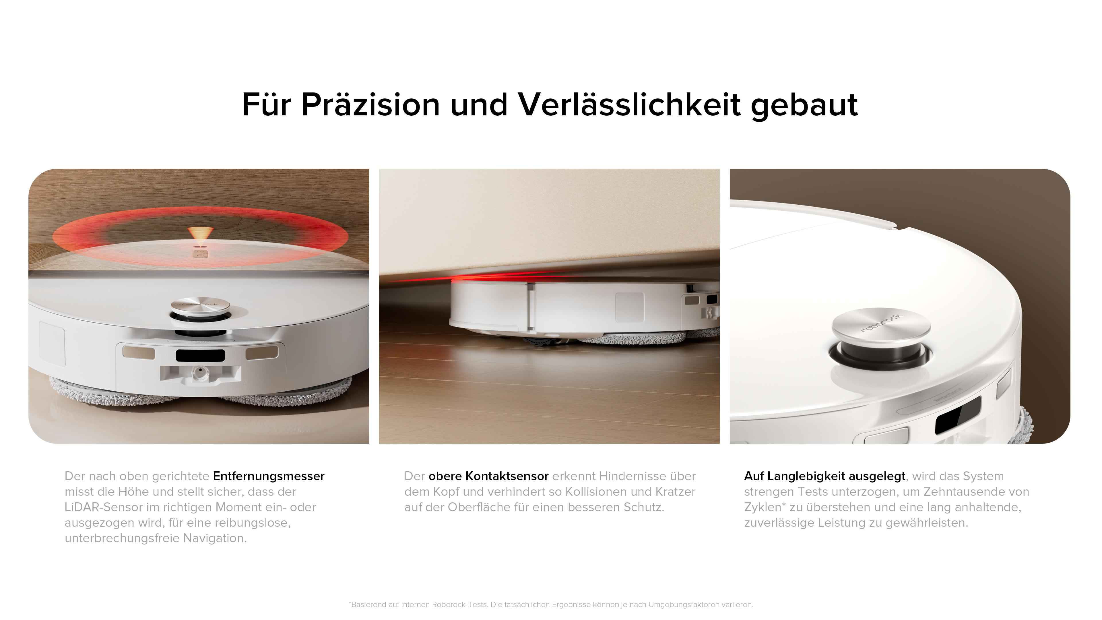 Drei weiße Roboter-Staubsauger mit roten Sensorstrahlen, die Funktionen wie Hinderniserkennung und Haltbarkeit veranschaulichen.