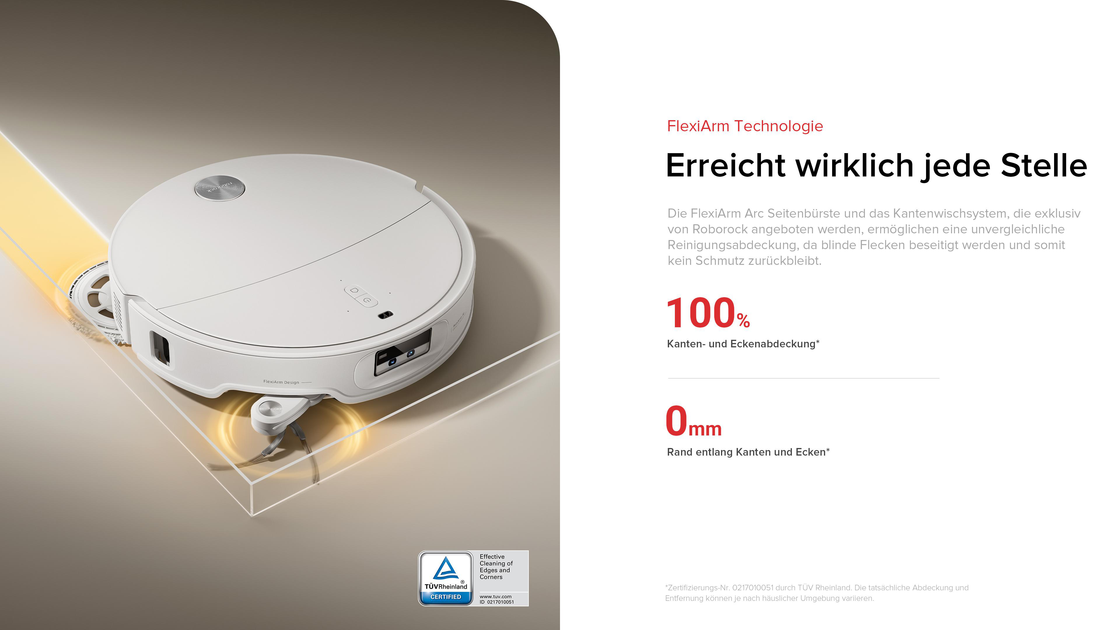 Ein weißer Roborock-Staubsauger. Text sagt FlexiArm-Technologie, 100 % Kantenreinigung und 0 mm entlang Kanten und Ecken.