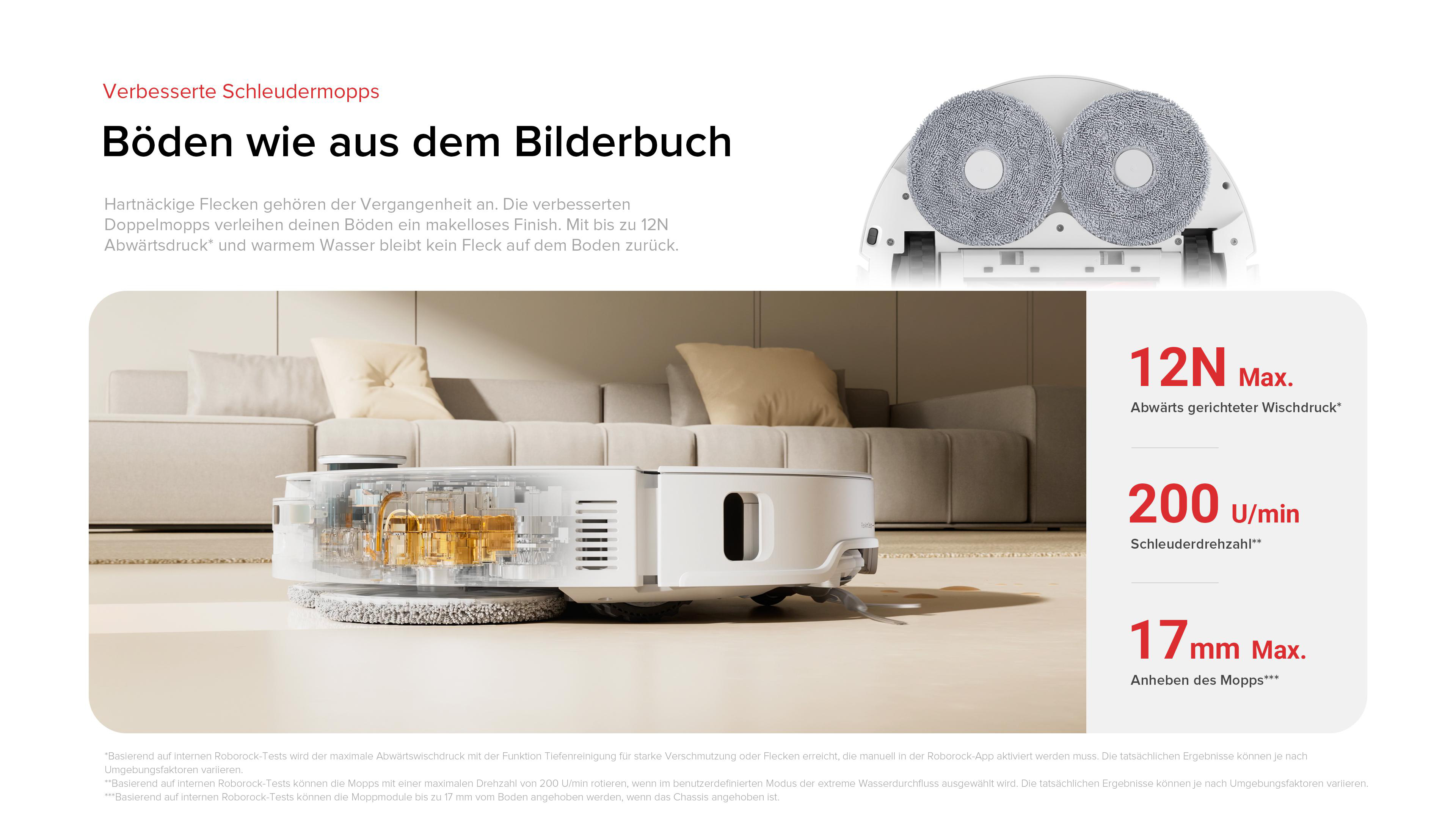 Ein weißer Roboter-Staubsauger mit zwei grauen Mopps steht auf einem Holzboden in einem Raum mit Sofa.