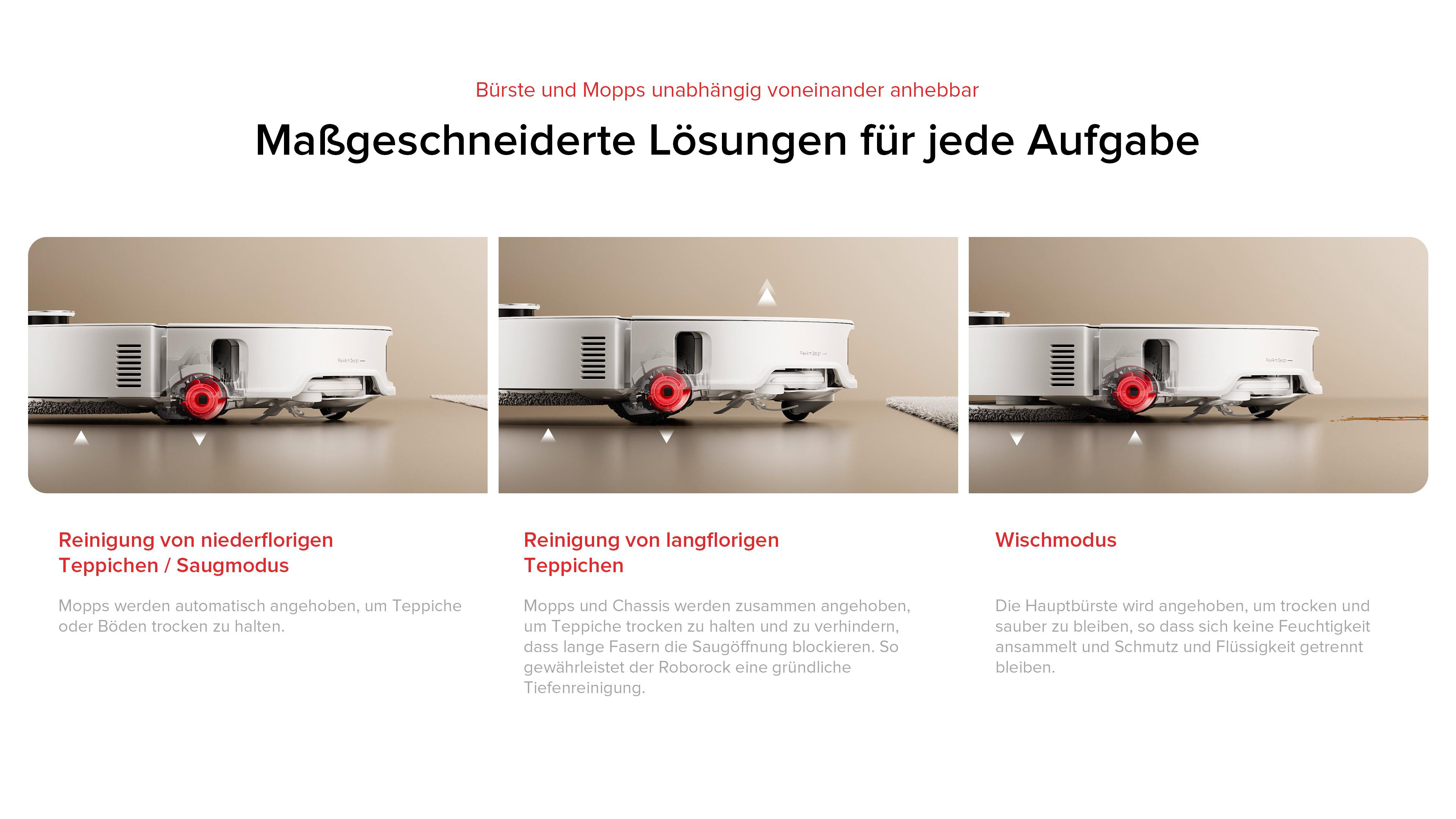 Das Bild zeigt einen weißen Roboter-Staubsauger mit einer roten kreisförmigen Komponente. Er befindet sich auf verschiedenen Oberflächen.