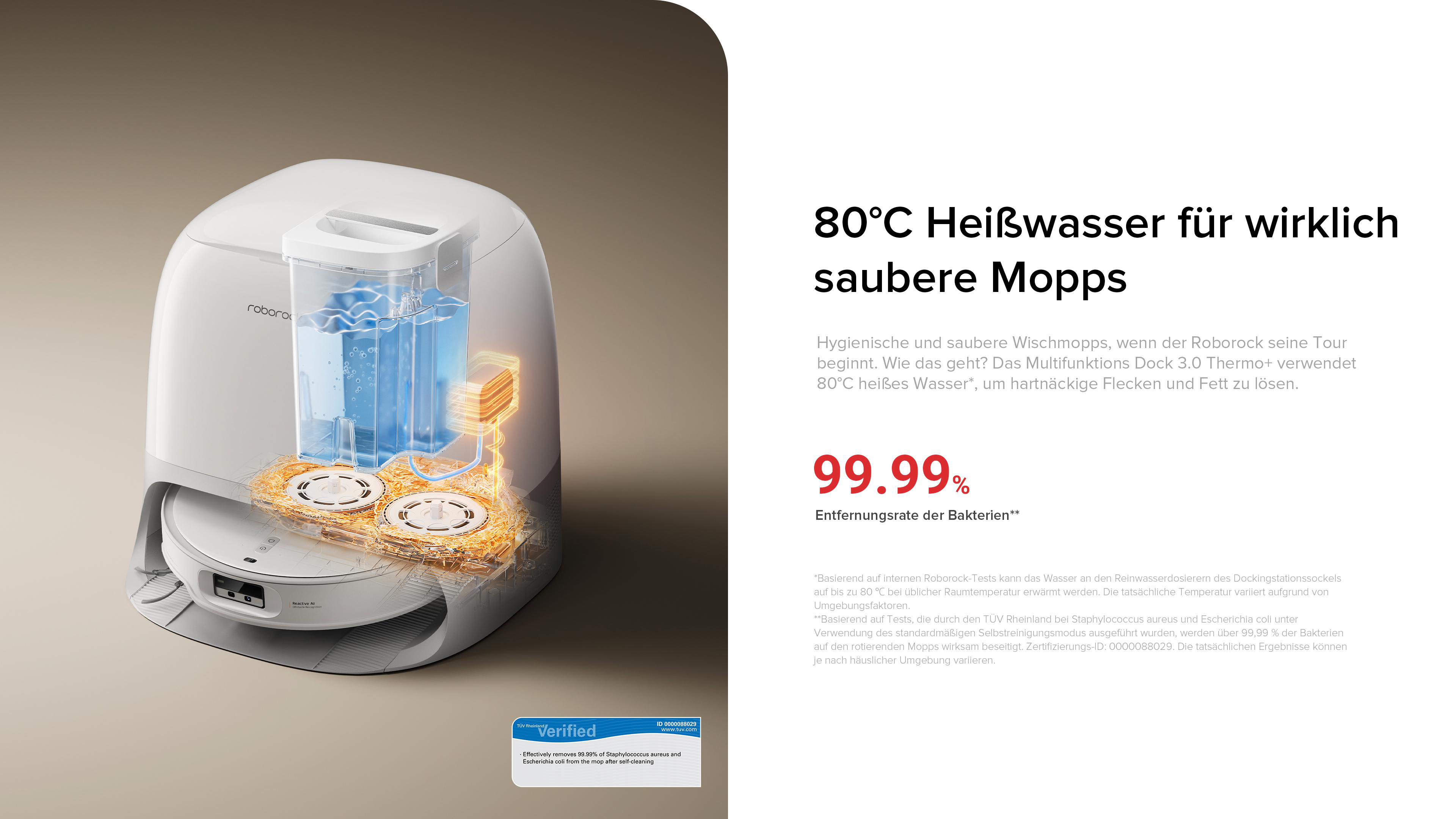 Roborock-Reiniger mit Wassertank, zeigt den Reinigungsprozess, Text über die Reinigung mit 80°C Wasser.