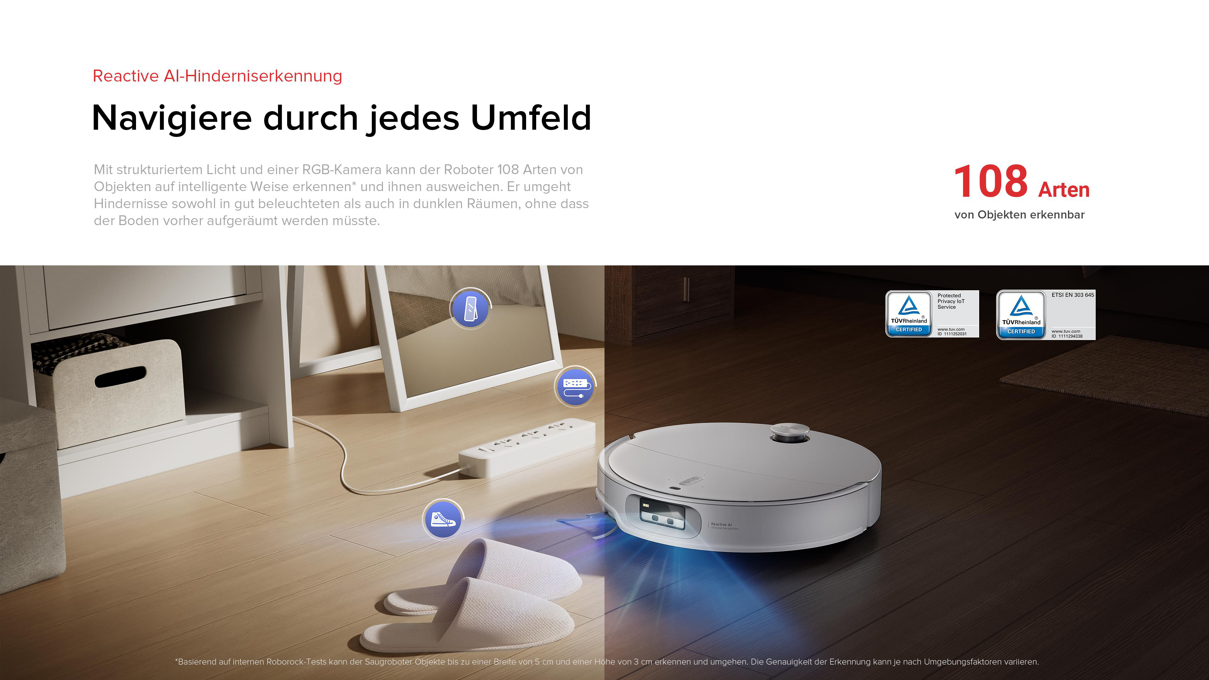 Ein Roboter-Staubsauger auf Holzboden, mit Hausschuhen und einer Steckdosenleiste. Text oben: Reactive AI.