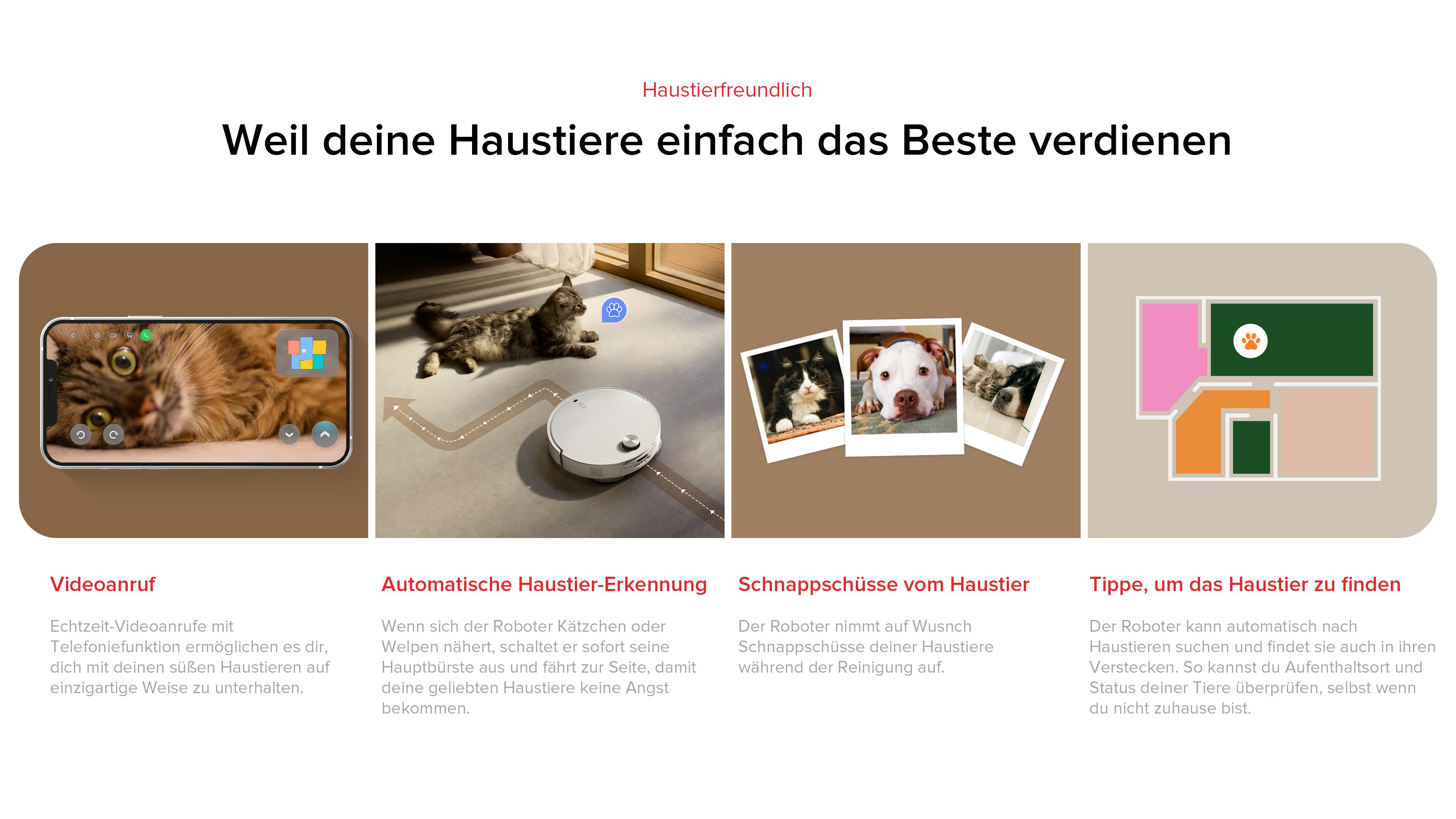 Werbung mit tierfreundlichen Funktionen: Videoanrufe, automatische Erkennung, Schnappschüsse und Ortung von Haustieren.