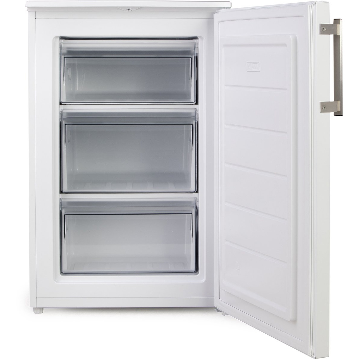 Un congélateur blanc avec la porte ouverte. Il possède trois tiroirs et une poignée en métal. L'intérieur est vide.
