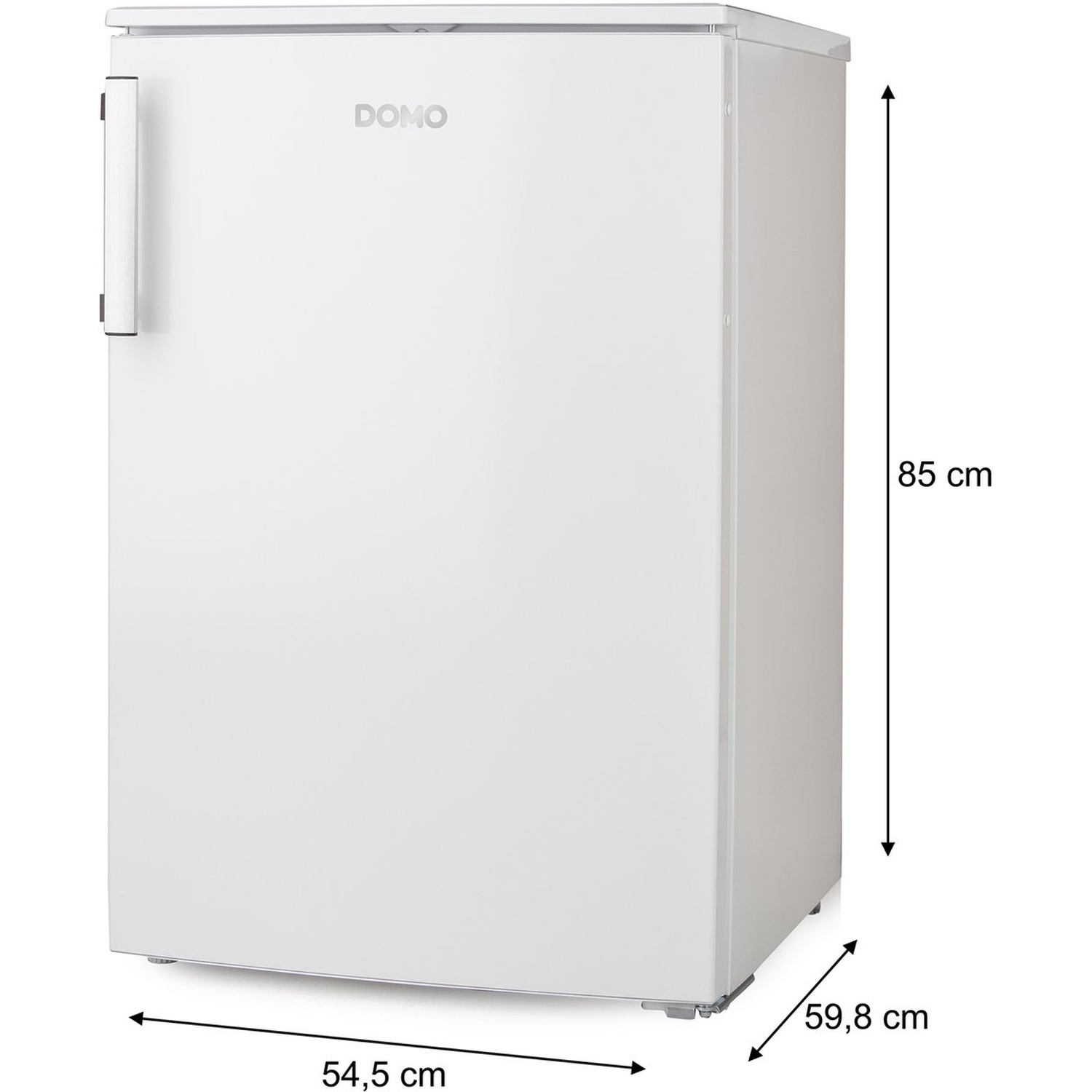 Un réfrigérateur DOMO blanc est présenté. Il a une poignée, et les dimensions sont indiquées : 85cm de haut, 54,5cm de large et 59,8cm de profondeur.