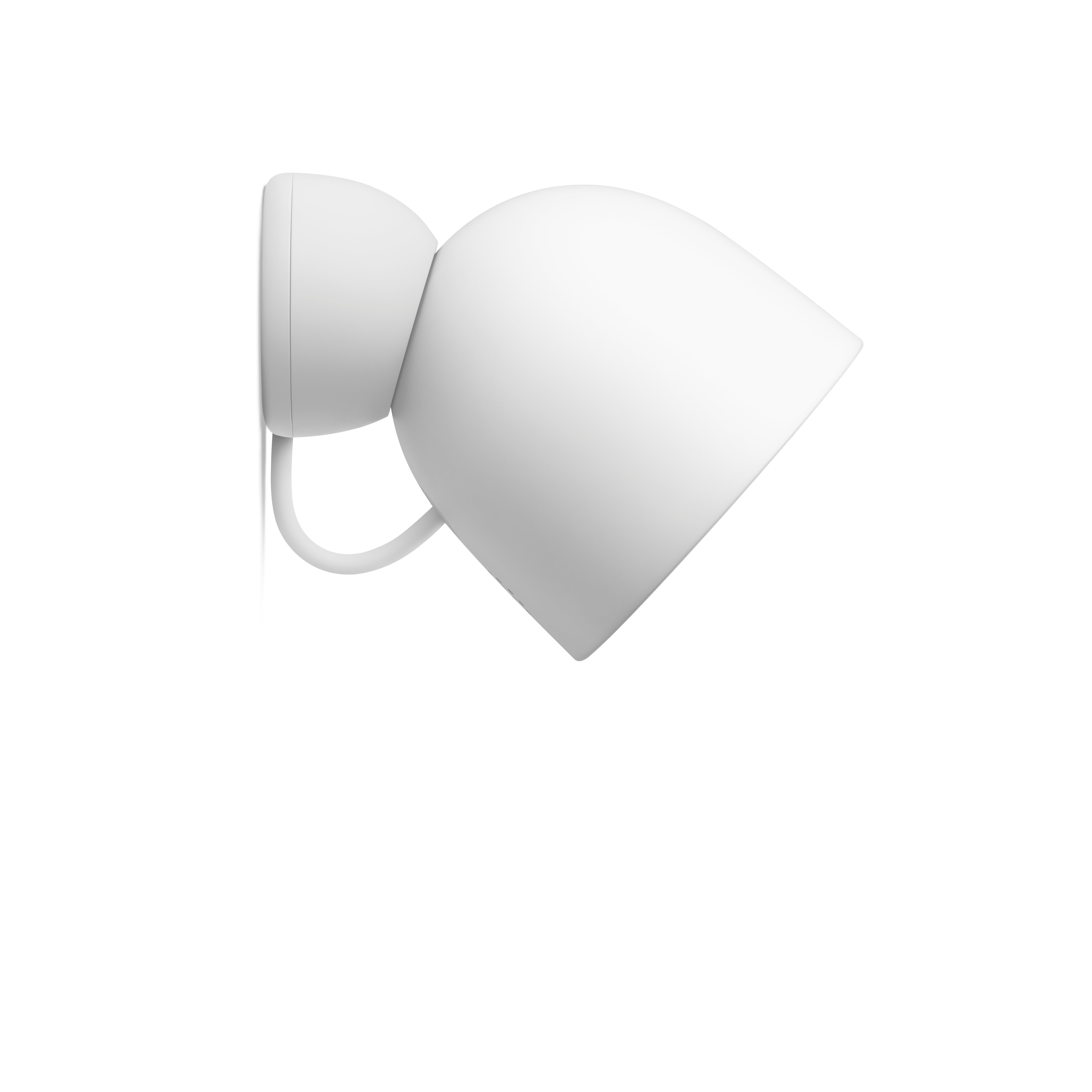 Eine weiße Überwachungskamera mit geschwungenem Design, an einer Wand montiert. Ein Kabel hängt nach unten.