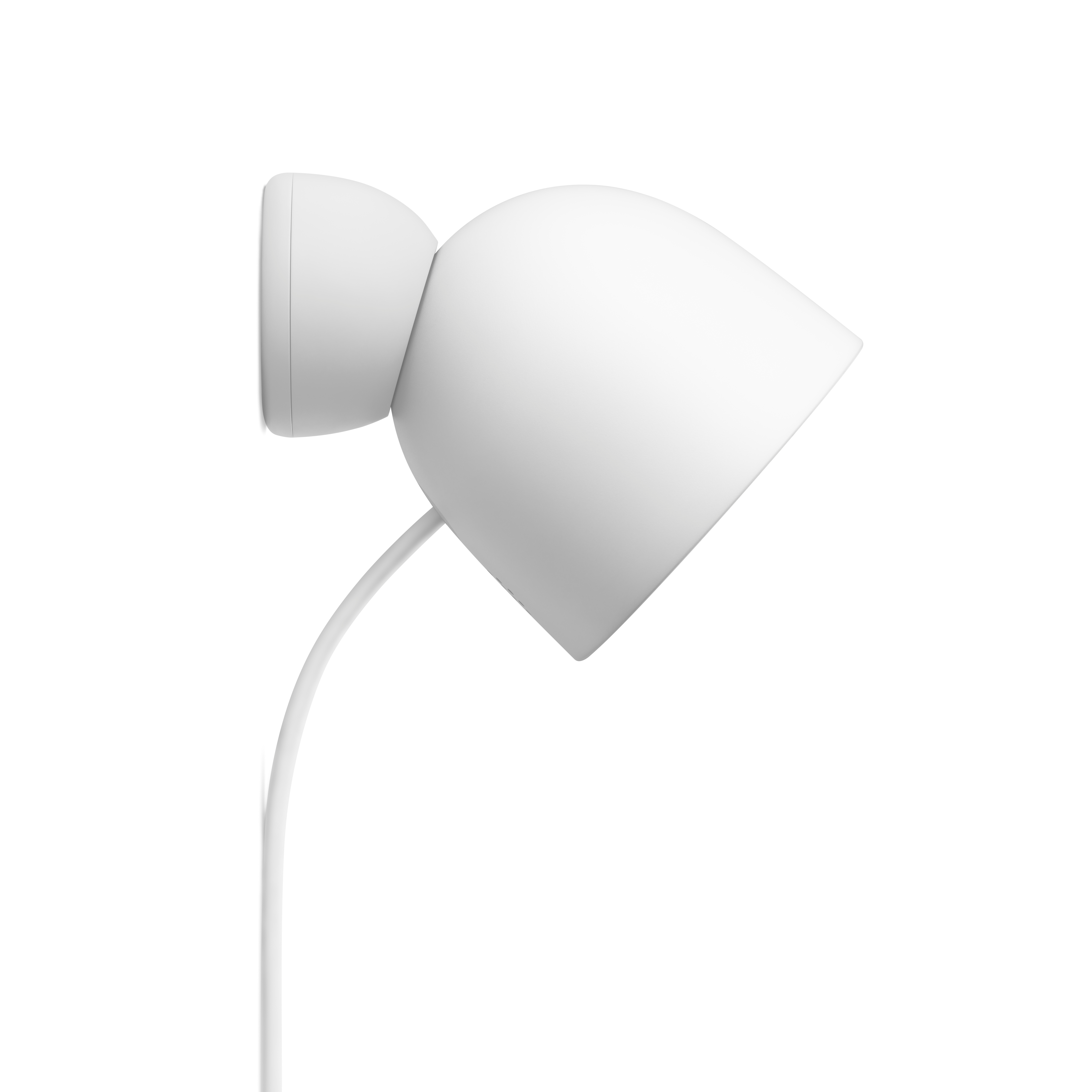 Eine weiße, moderne Lampe mit geschwungenem Design. Sie hat einen abgerundeten Kopf und einen schlanken Stiel, der sich nach oben erstreckt.