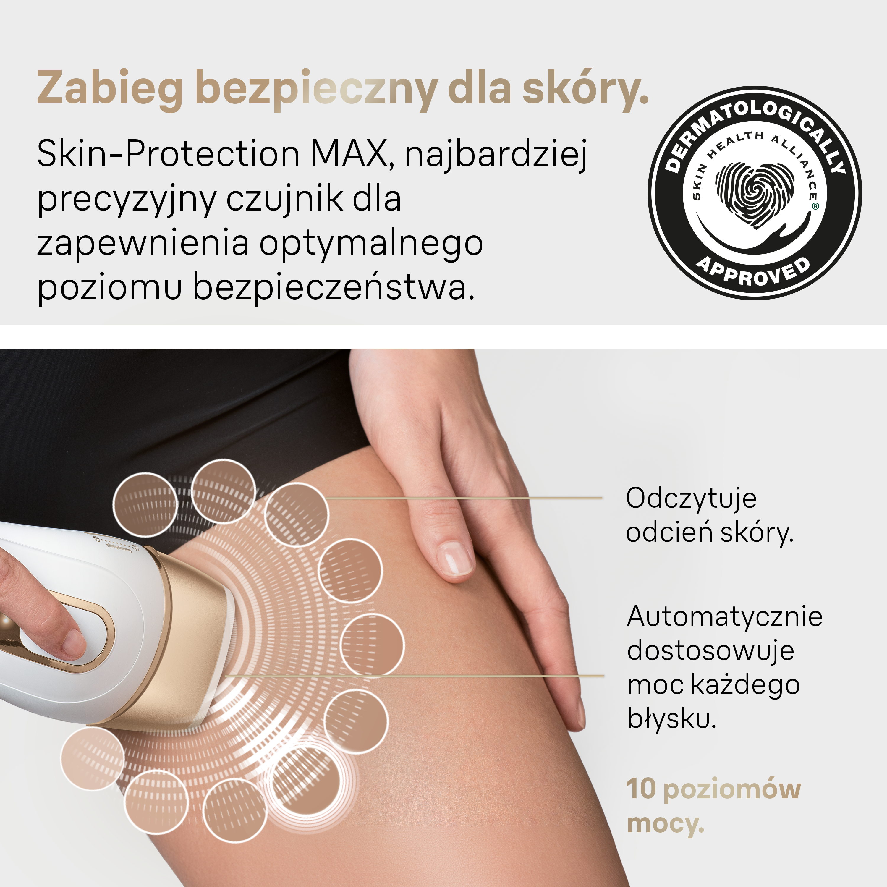 Obraz przedstawia urządzenie na nodze, z tekstem o bezpieczeństwie skóry i zatwierdzoną dermatologicznie pieczęcią.